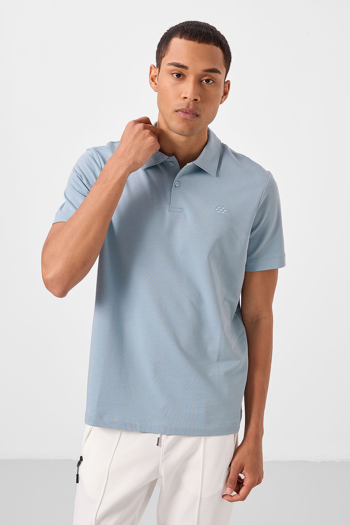 Standart Fit Basic Polo Yaka 2'li Paket Beyaz-Buz Mavi Erkek T-Shirt - 87748
