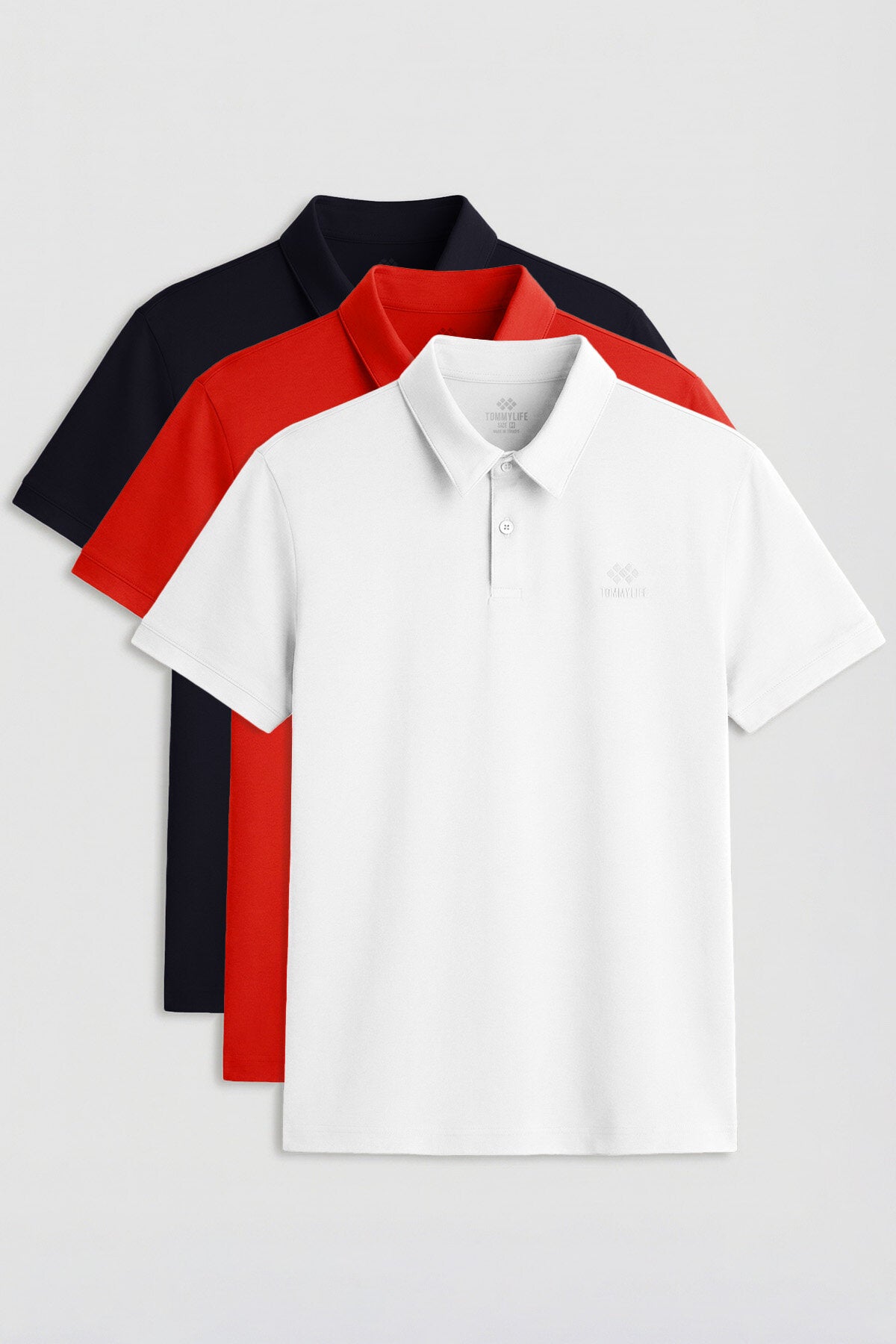 Standart Fit Basic Polo Yaka 3'lü Paket Beyaz-Lacivert-Kırmızı Erkek T-Shirt - 87748