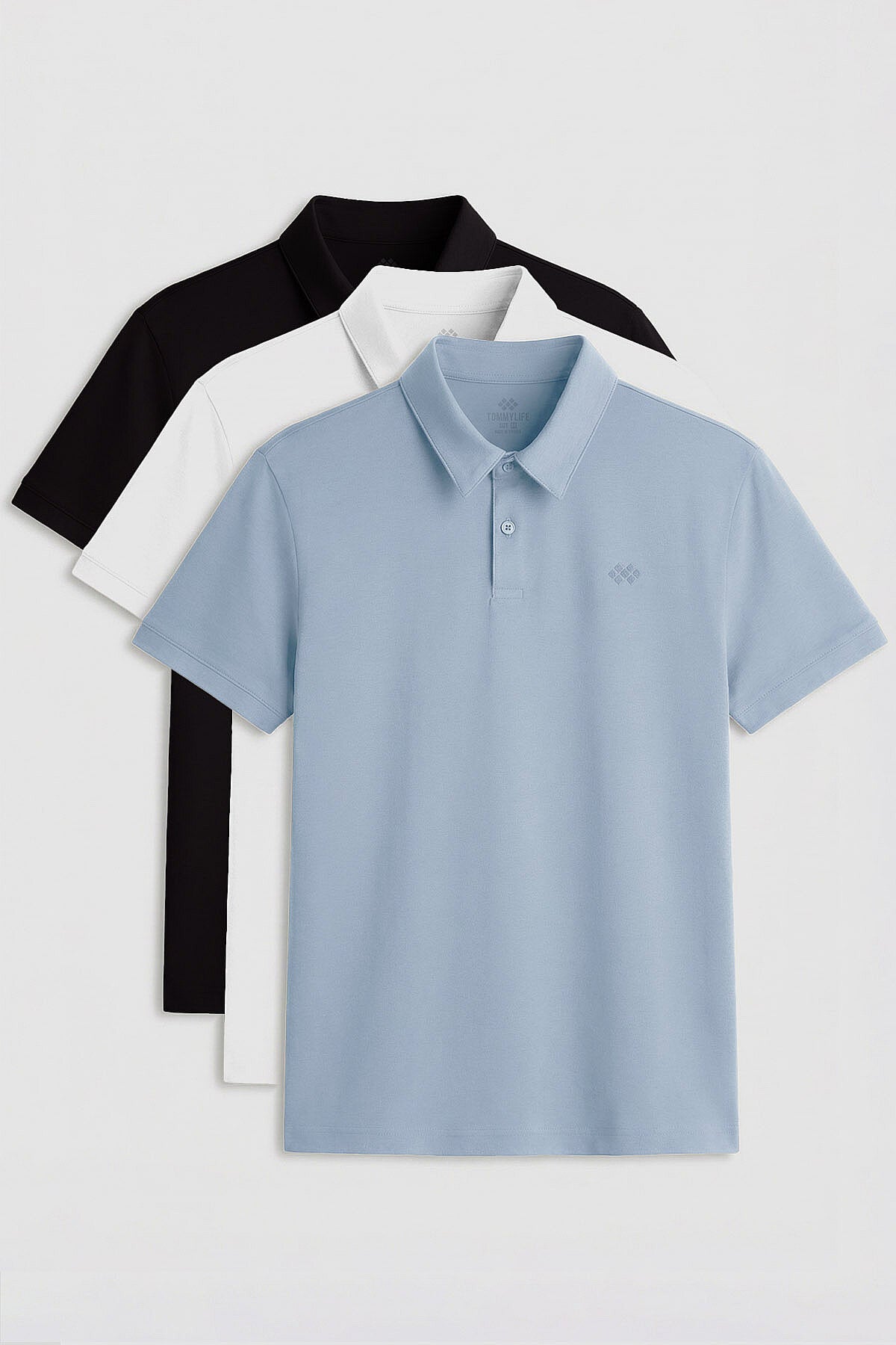 Standart Fit Basic Polo Yaka  3'lü Paket Siyah-Beyaz-Buz Mavi Erkek T-Shirt  87748