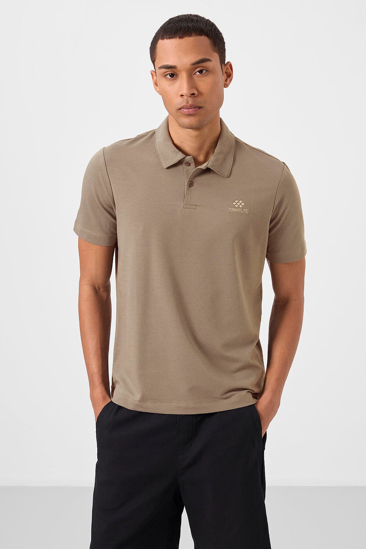 Standart Fit Basic Polo Yaka 2'li Paket Siyah-Koyu Bej Erkek T-Shirt - 87748