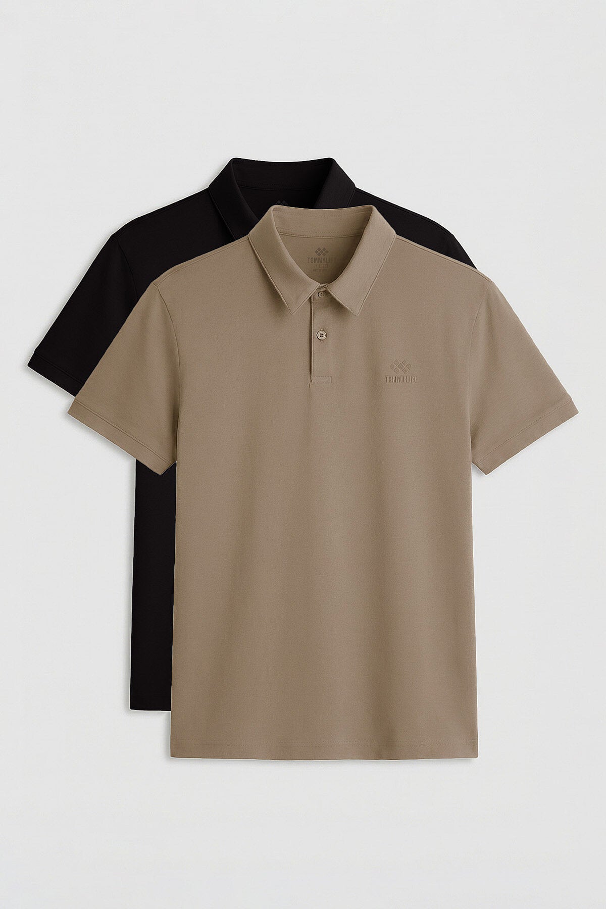 Standart Fit Basic Polo Yaka 2'li Paket Siyah-Koyu Bej Erkek T-Shirt - 87748