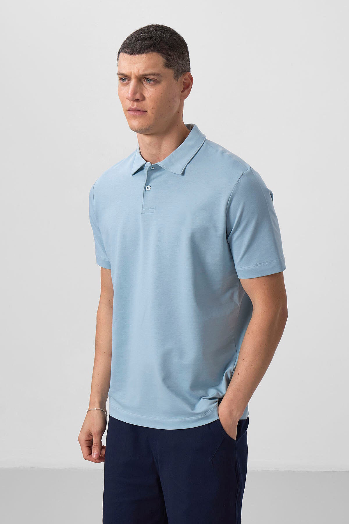 Standart Fit Basic Polo Yaka 2'li Paket Beyaz-Buz Mavi Erkek T-Shirt - 87768