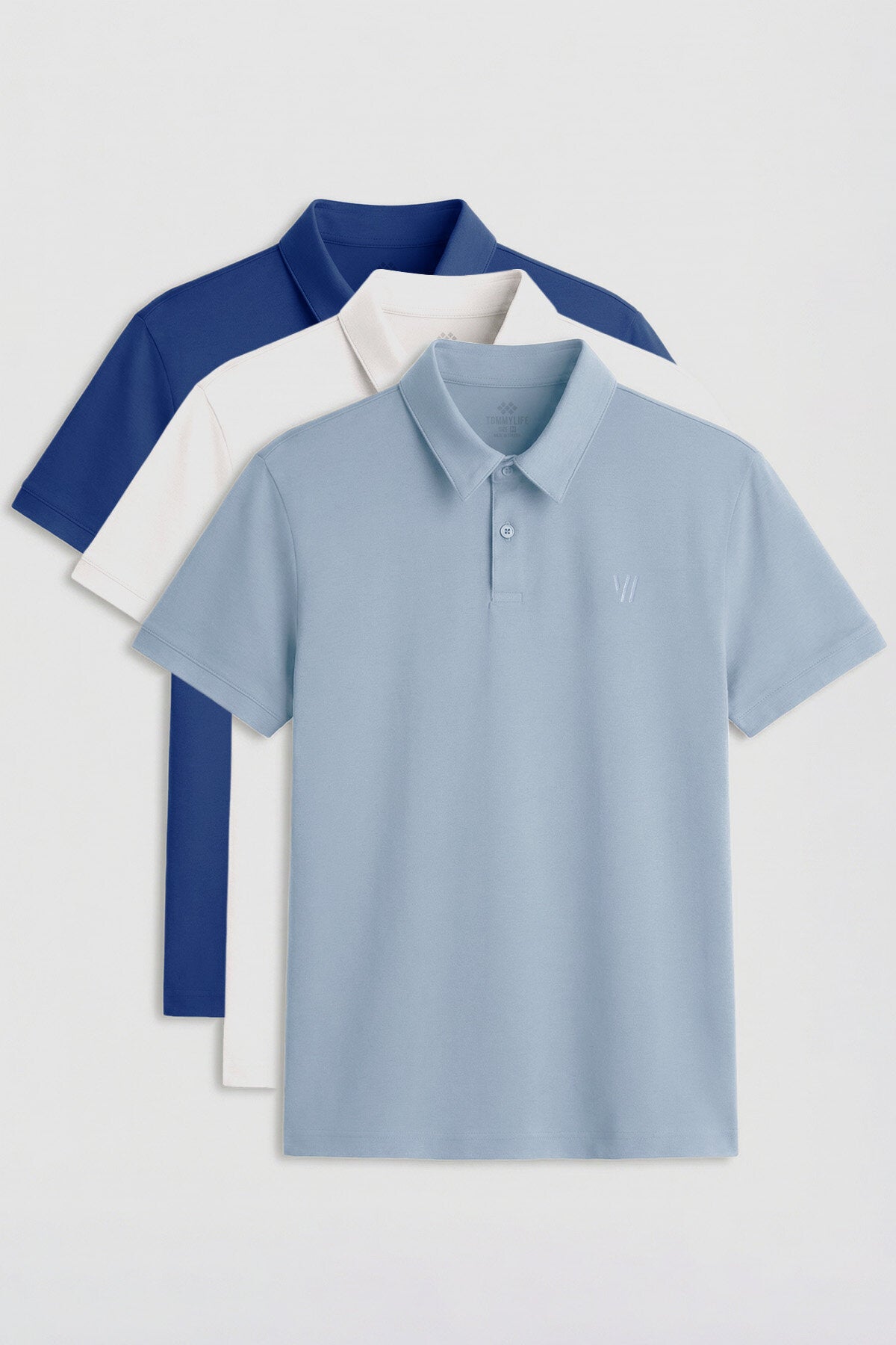 Standart Fit Basic Polo Yaka 3'lü Paket Ekru-Buz Mavi-Parlament Erkek T-Shirt - 87768