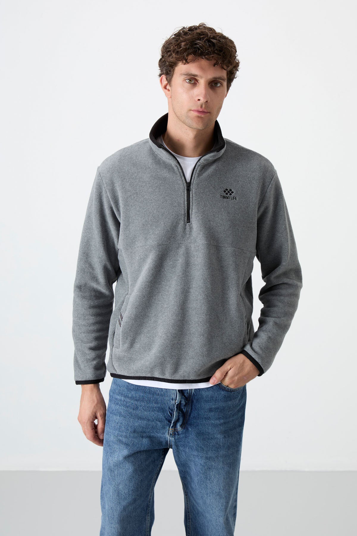 Dik Yaka Yarım Fermuarlı 2'li Paket Lacivert-Gri Melanj Erkek Polar Sweatshirt - 87891