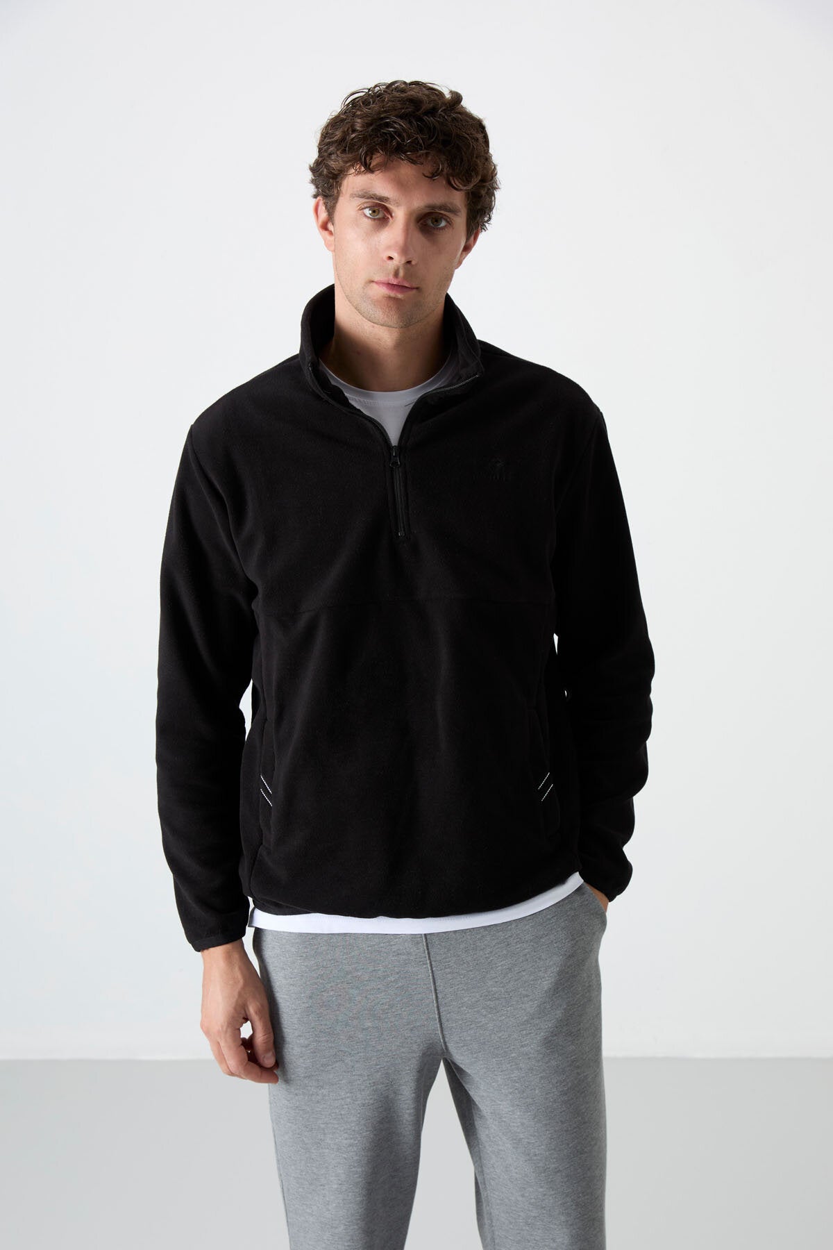 Dik Yaka Yarım Fermuarlı 2'li Paket Siyah-Gri Melanj Erkek Polar Sweatshirt - 87891