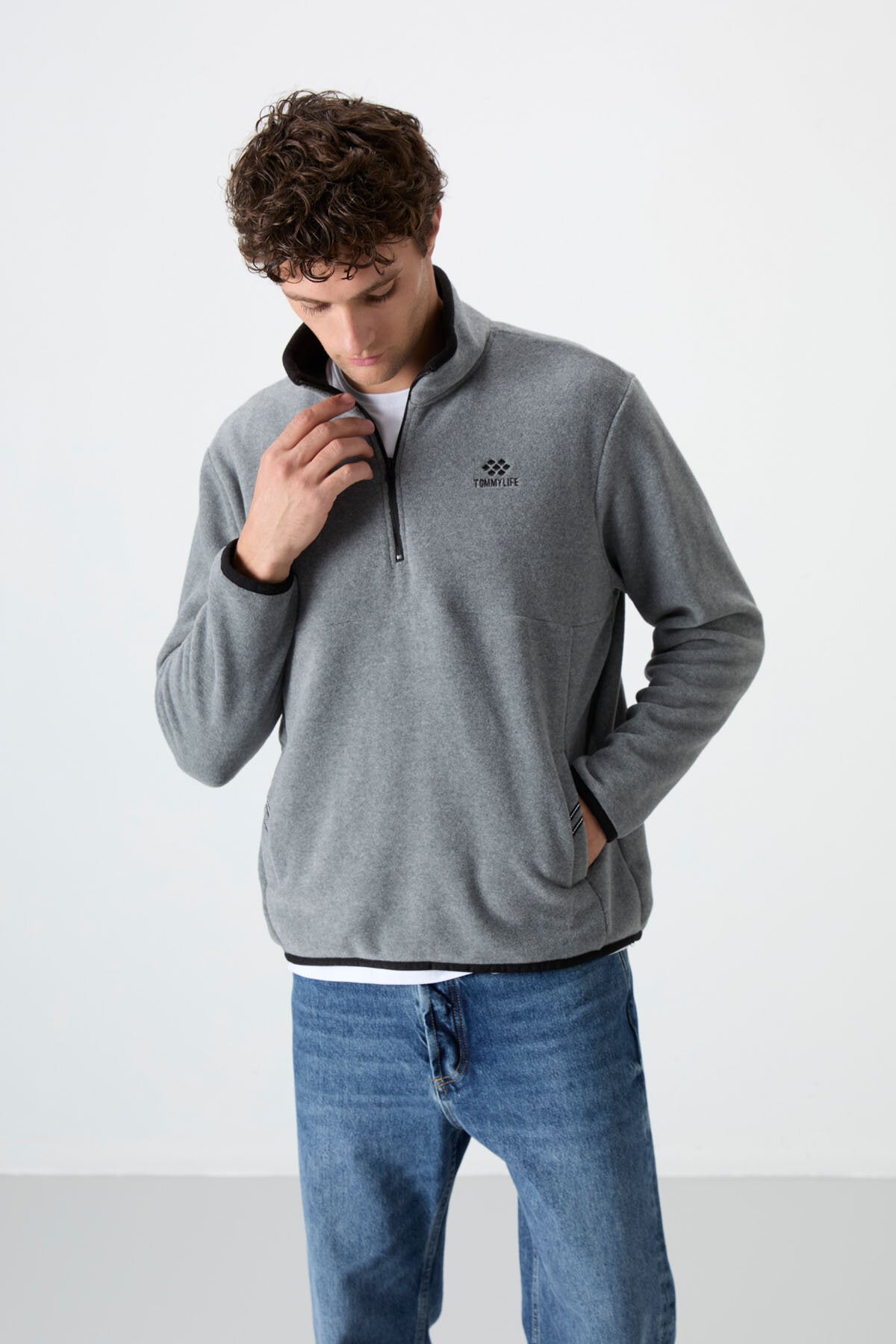 Dik Yaka Yarım Fermuarlı 2'li Paket Siyah-Gri Melanj Erkek Polar Sweatshirt - 87891