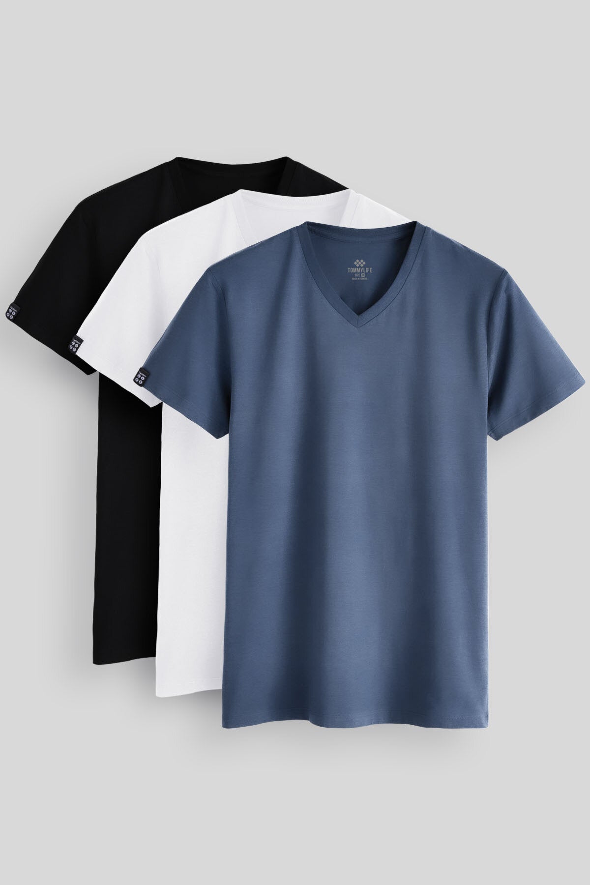 Standart Fit Basic V Yaka  3'lü Paket Siyah-Beyaz-Petrol Erkek T-Shirt  87912