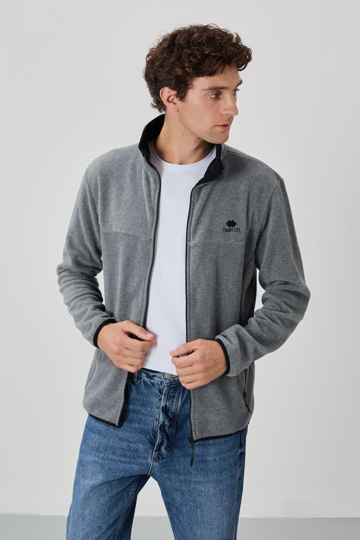 Standart Kalıp Dik Yaka 2'li Paket Siyah-Gri Melanj Erkek Polar Sweatshirt - 87992