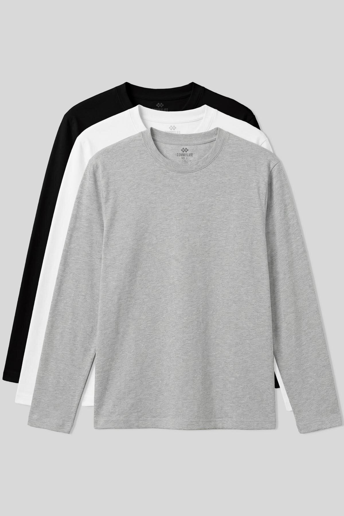 Standart Fit Basic O Yaka  3'lü Paket Siyah-Beyaz-Gri Melanj Erkek T-Shirt -  87997