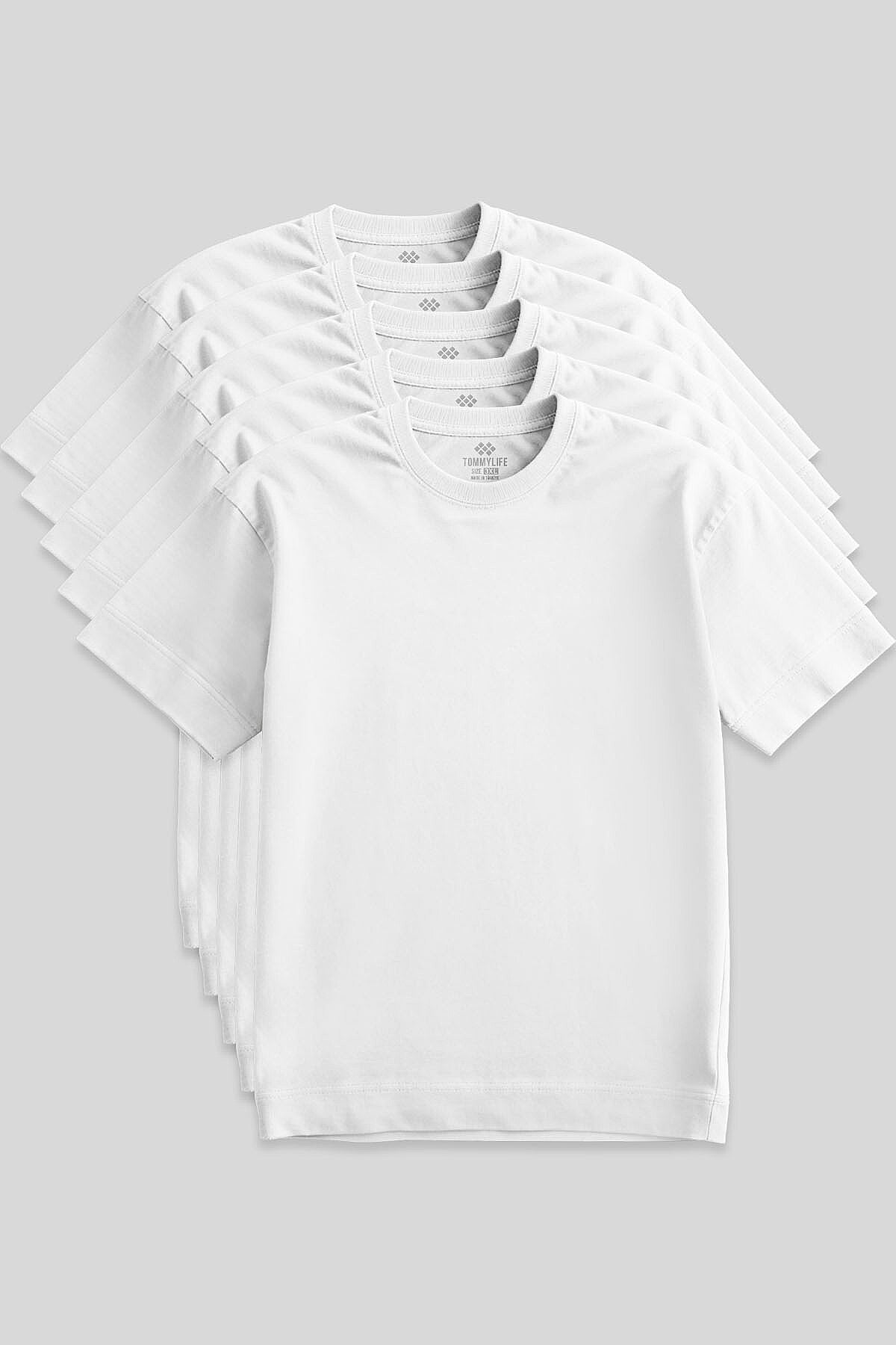 Basic O Yaka Büyük Beden  5'li Paket Beyaz Erkek T-Shirt  88072