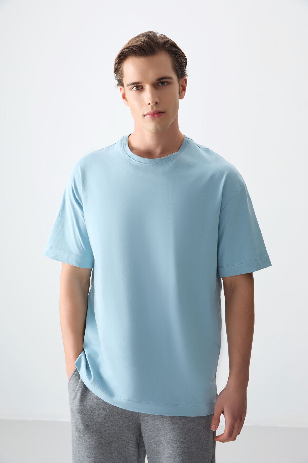Oversize Fit Basic 3'lü Paket Lacivert-Açık Mavi-Parlament Erkek T-Shirt - 88353