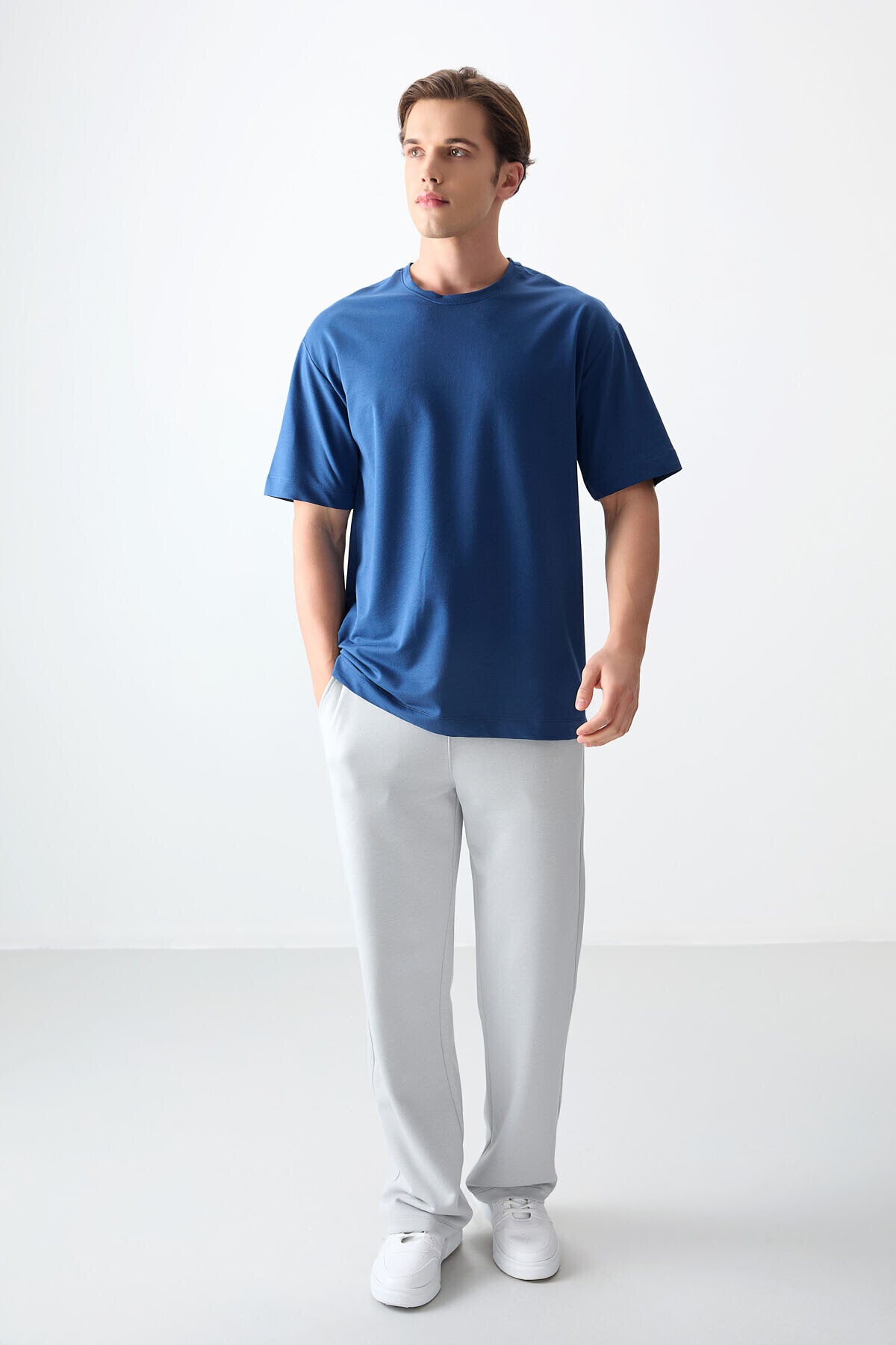 Basic Oversize O Yaka 3'lü Paket Lacivert-Açık Mavi-Parlament Erkek T-Shirt - 88377
