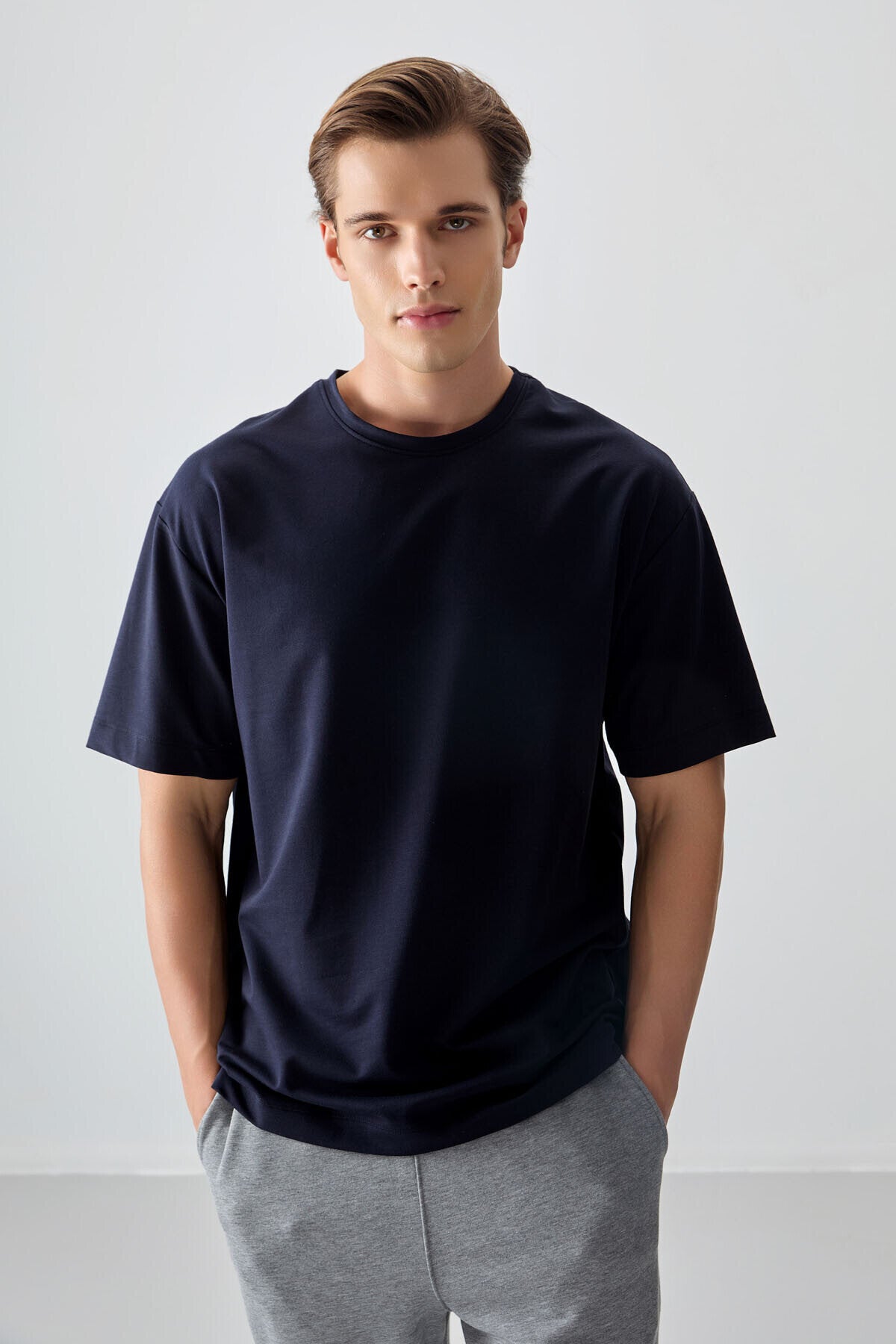 Basic Oversize O Yaka 3'lü Paket Lacivert-Açık Mavi-Parlament Erkek T-Shirt - 88377