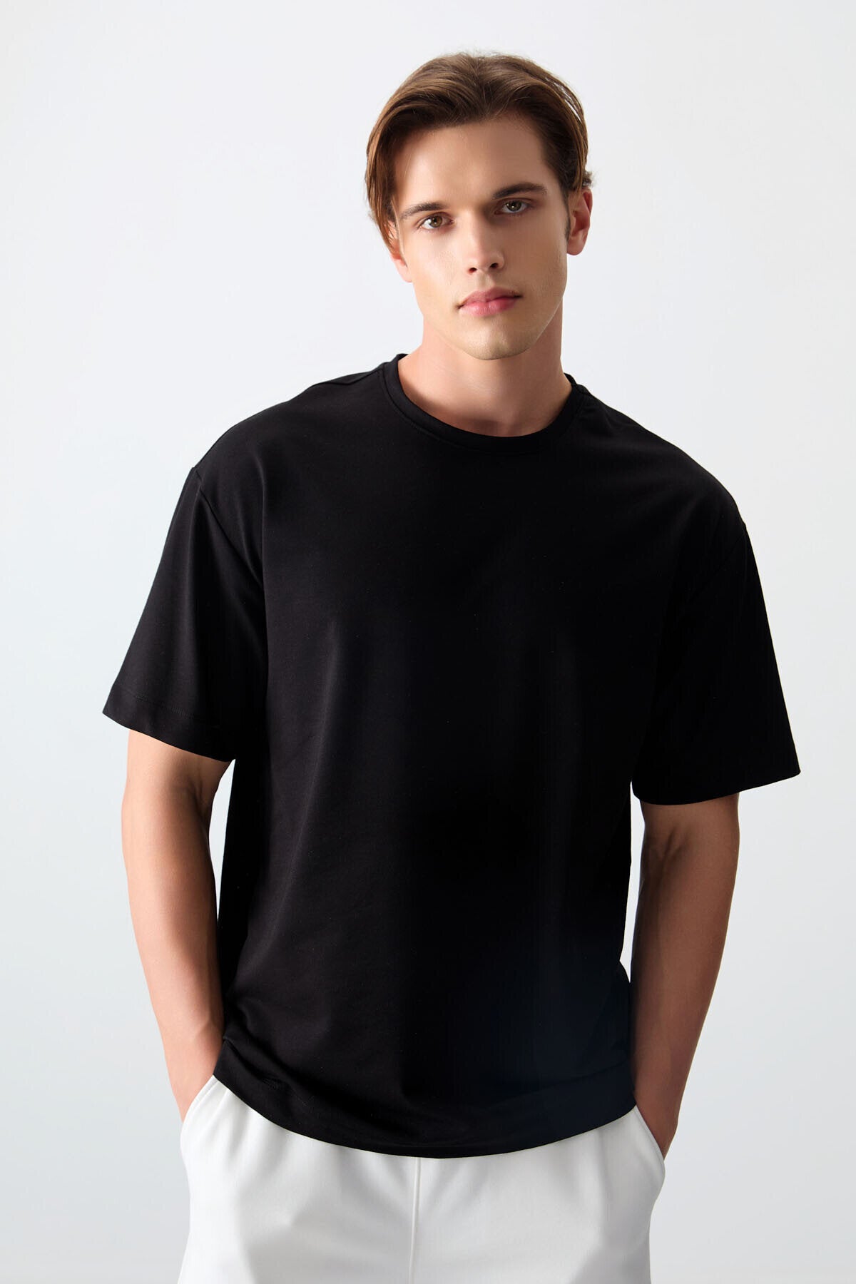 Basic Oversize O Yaka 2'li Paket Siyah-Ekru Erkek T-Shirt - 88377