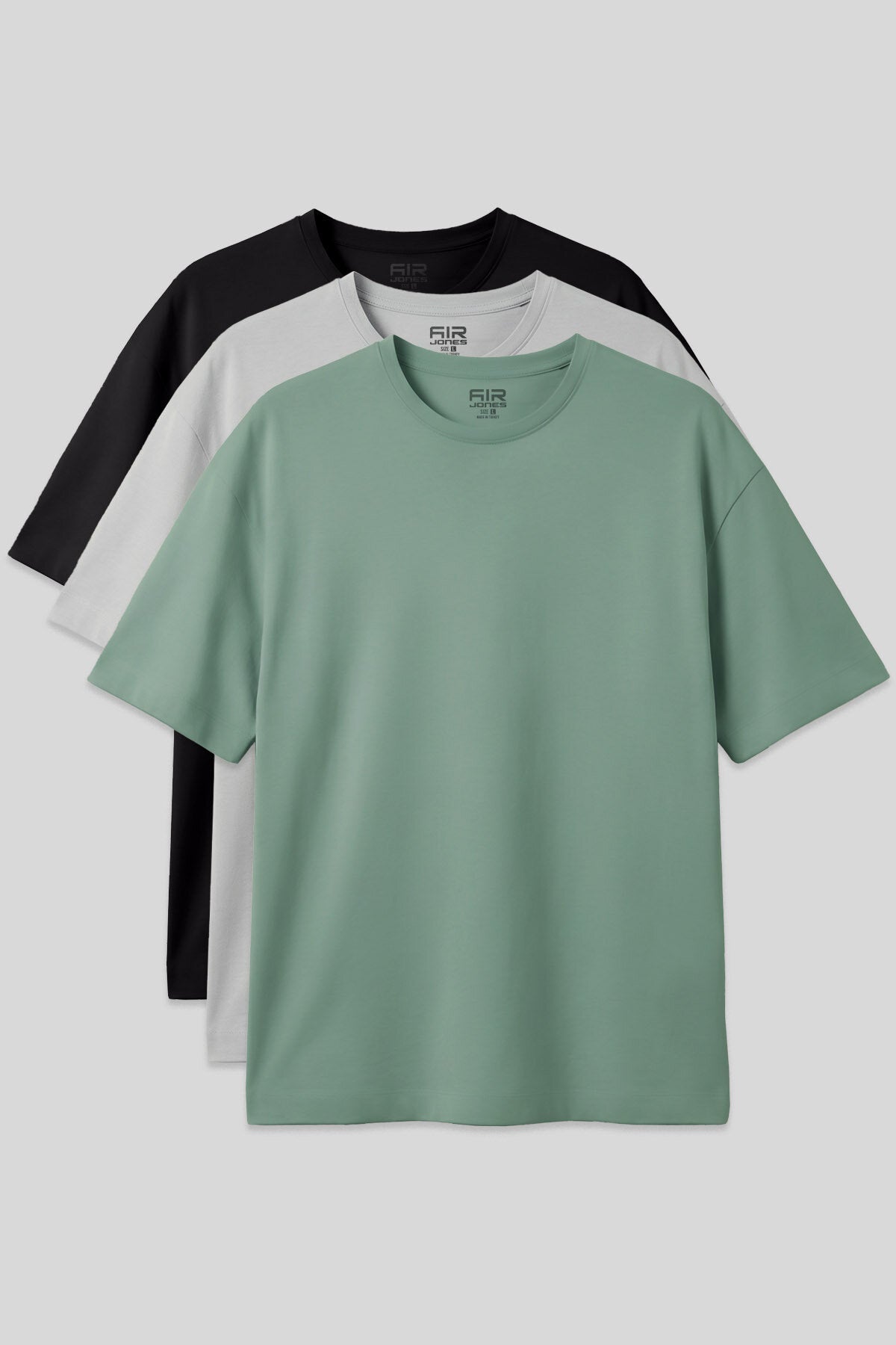 Basic Oversize O Yaka 3'lü Paket Siyah-Taş-Açık Yeşil Erkek T-Shirt - 88377