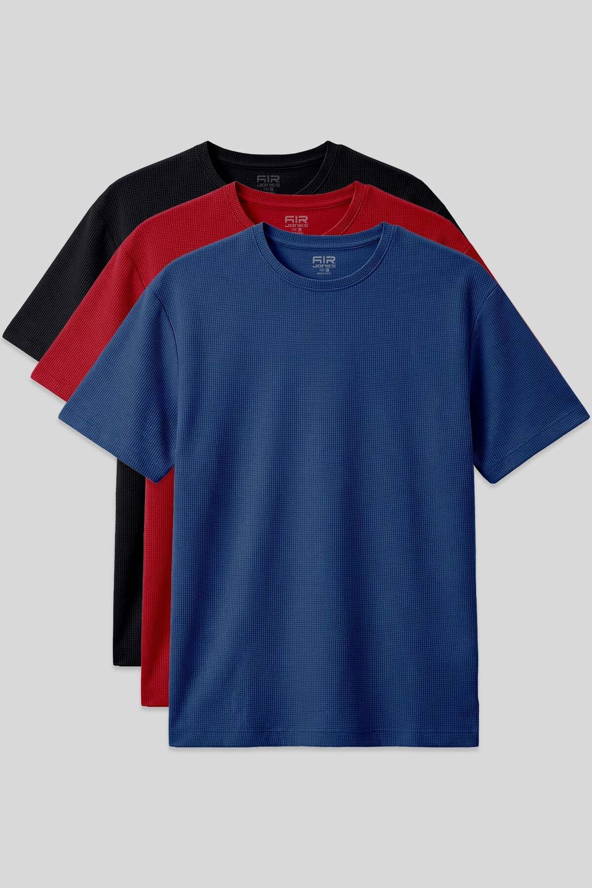 Oversize Fit Basic 3'lü Paket Siyah-Kırmızı-Parlament Erkek T-Shirt - 88379