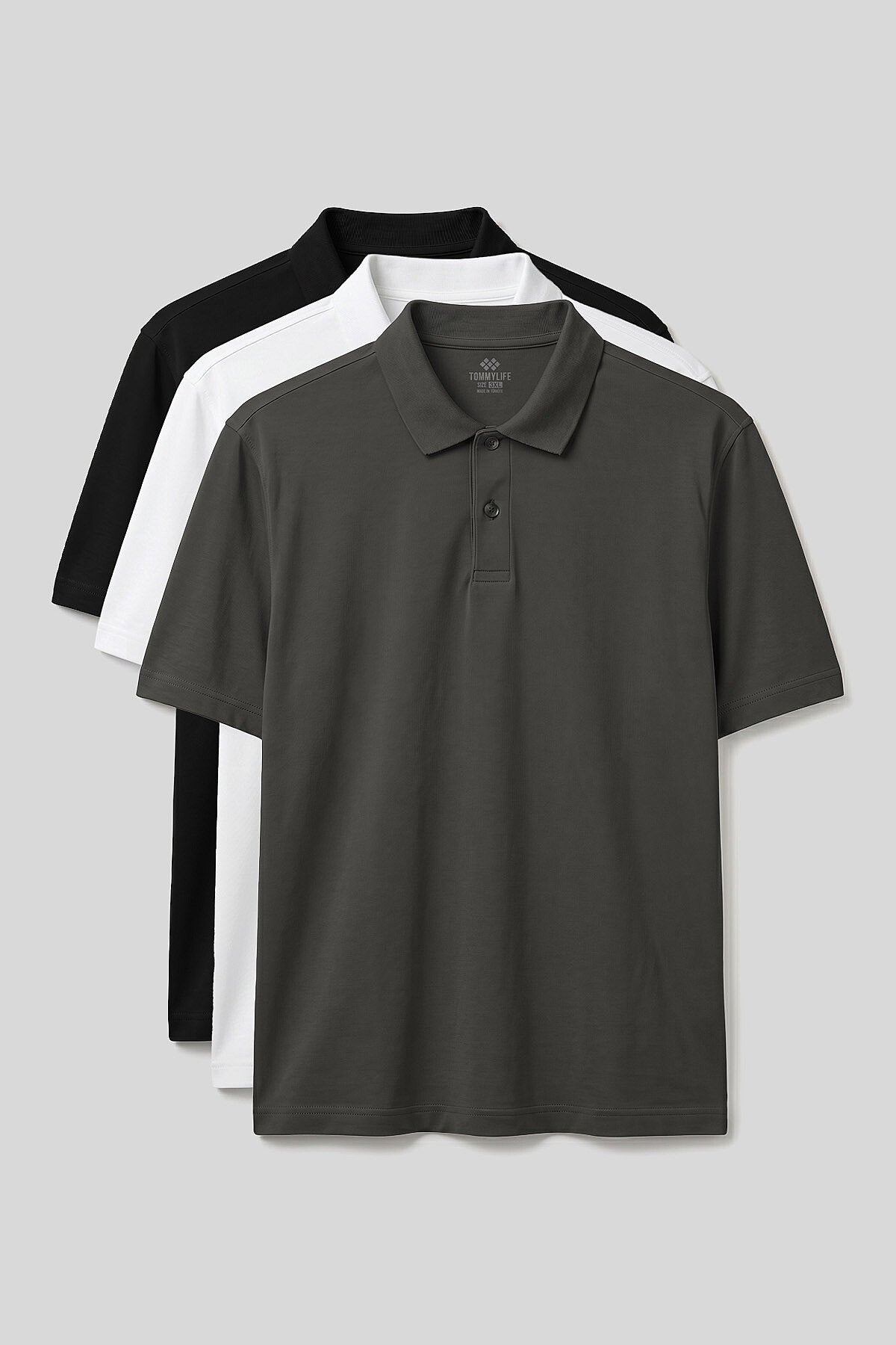 Polo Yaka Büyük Beden 3'lü Paket Siyah-Beyaz-Haki Erkek T-Shirt - 88511