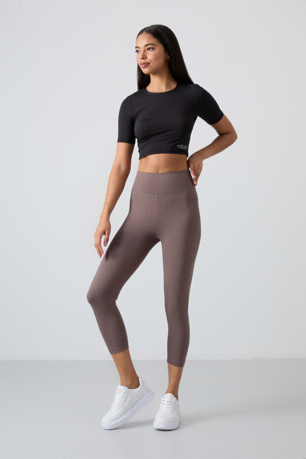 Slim Fit 3'lü Paket İndigo-Gül Kurusu-Kahverengi Kadın Kapri Tayt - 93097