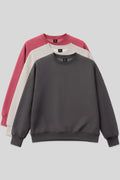 Basic Oversize O-Neck 3-Pack Dark Gray-Beige-Wild Rose Women's Sweatshirt - 97053