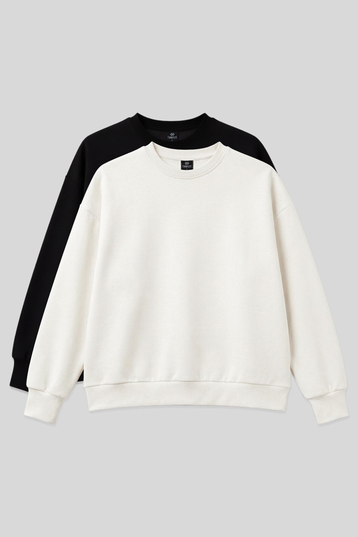 Basic Oversıze O Yaka 2'li Paket Siyah-Ekru Kadın Sweatshirt - 97053