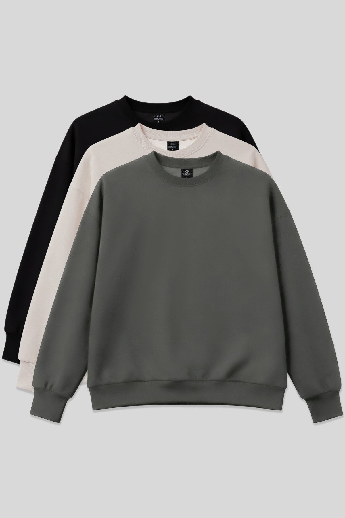 Basic Oversıze O Yaka 3'lü Paket Siyah-Haki- Bej Kadın Sweatshirt - 97053
