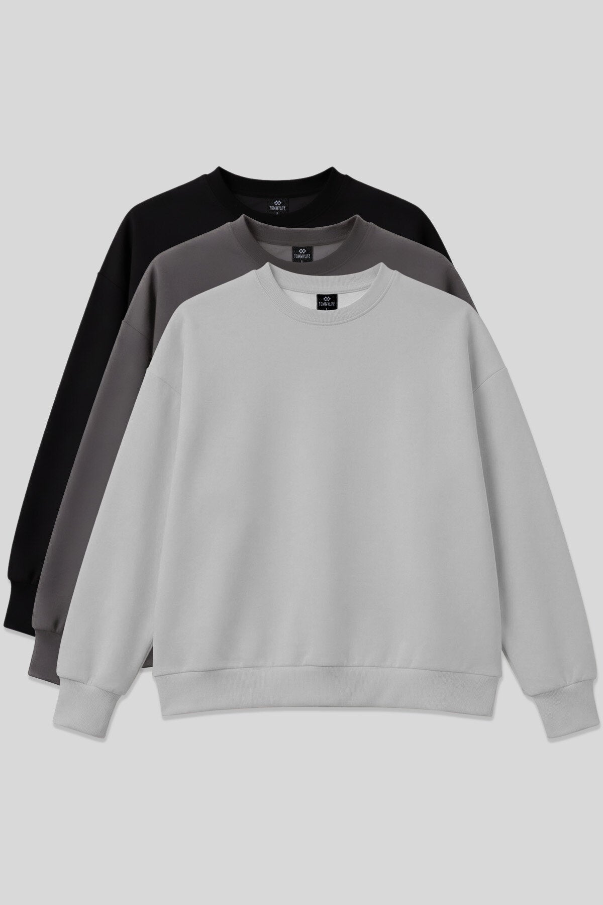 Basic Oversıze O Yaka 3'lü Paket Siyah-Koyu Gri- Taş Kadın Sweatshirt - 97053