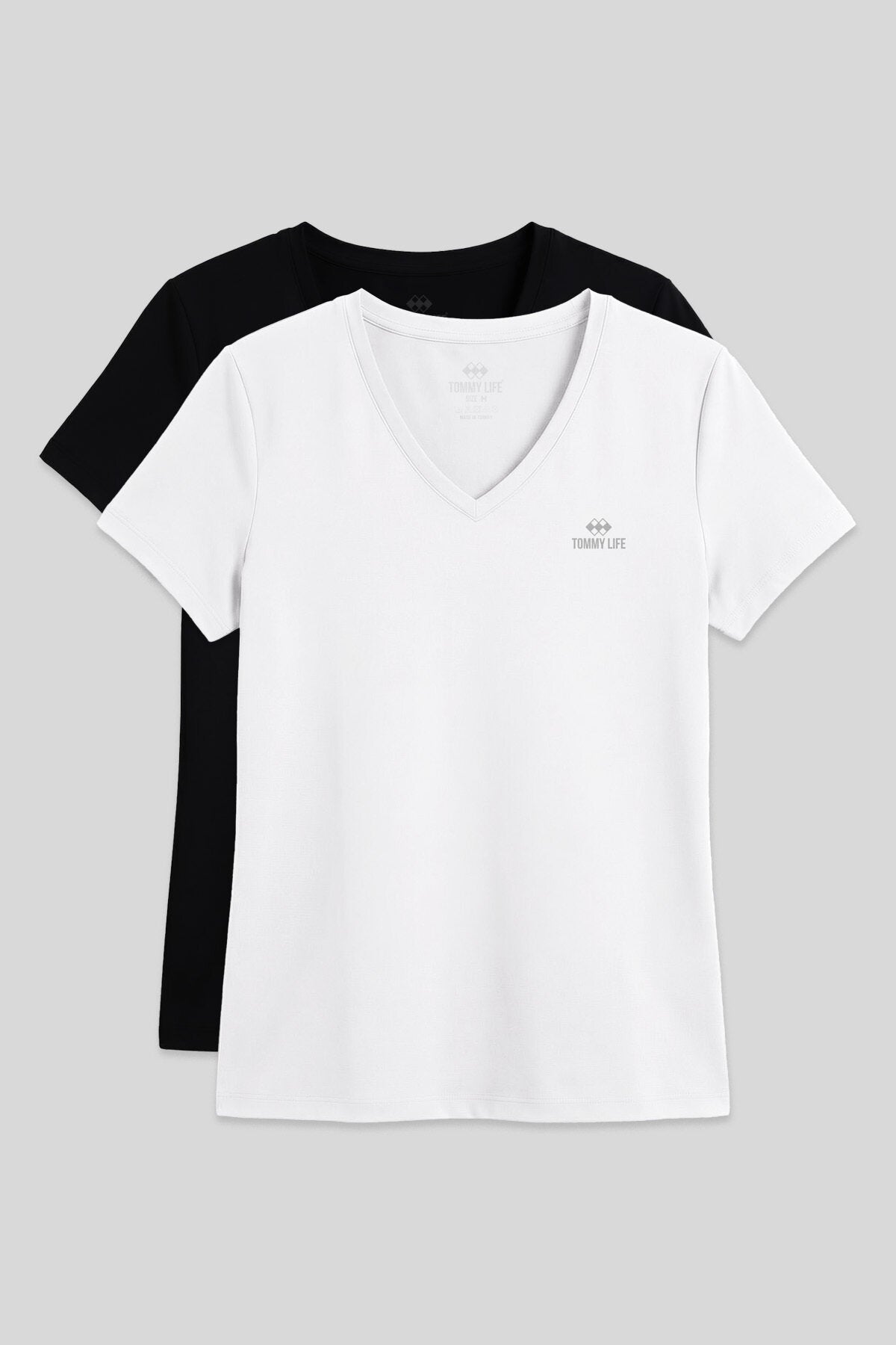 Standart Kalıp Basic V Yaka 2'li Paket Siyah-Beyaz Kadın T-Shirt - 97145