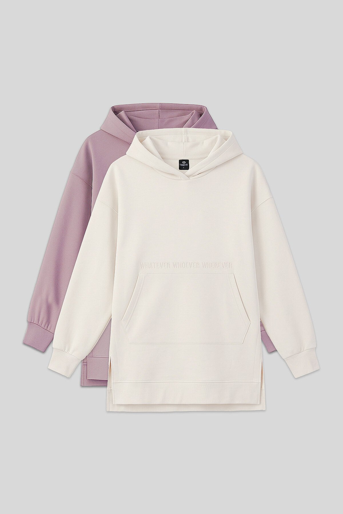 Rahat Form Kapüşonlu 2'li Paket Ekru-Gül Kurusu Kadın Tunik Sweatshirt - 97163