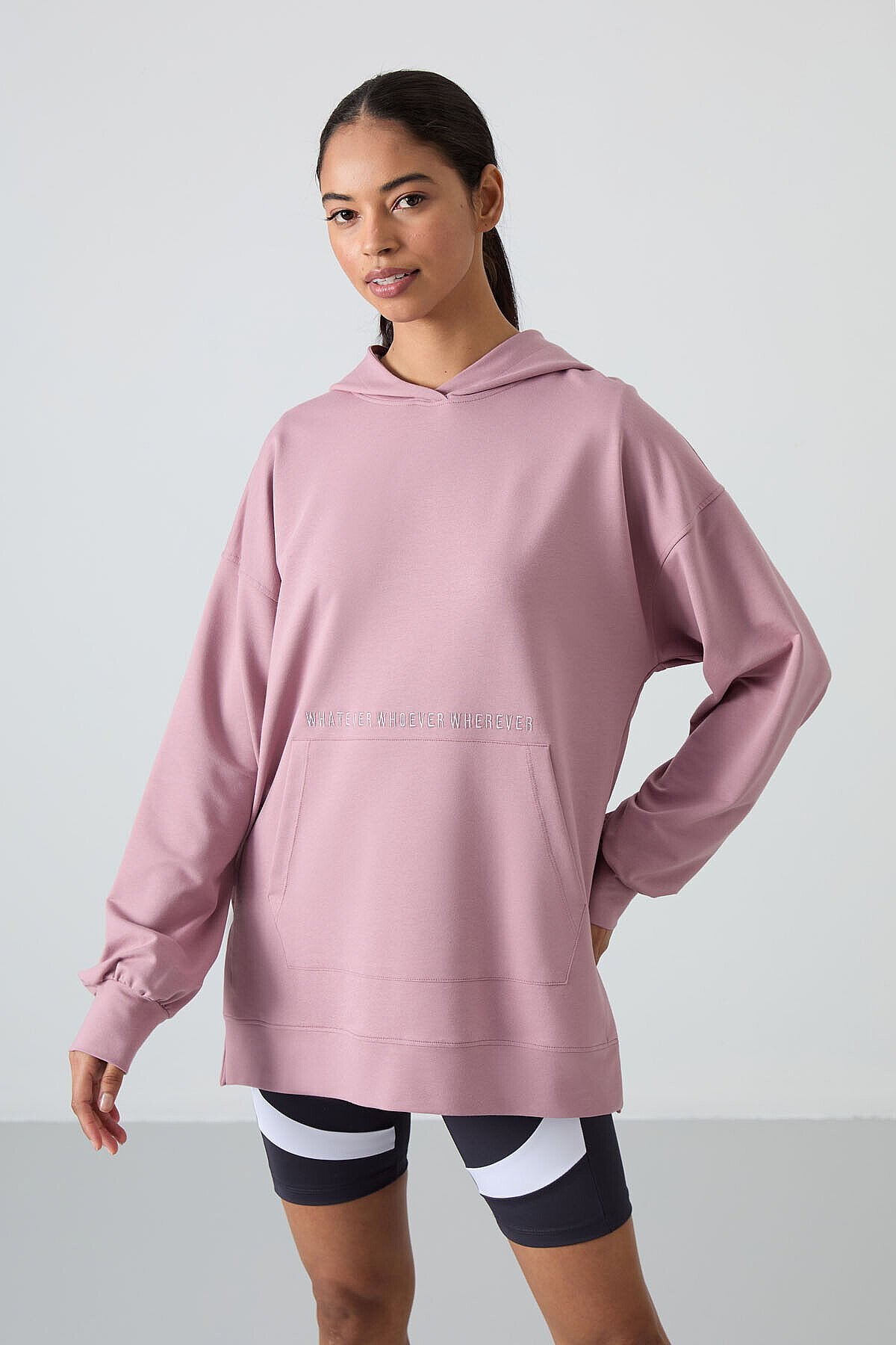 Rahat Form Kapüşonlu 2'li Paket Ekru-Gül Kurusu Kadın Tunik Sweatshirt - 97163