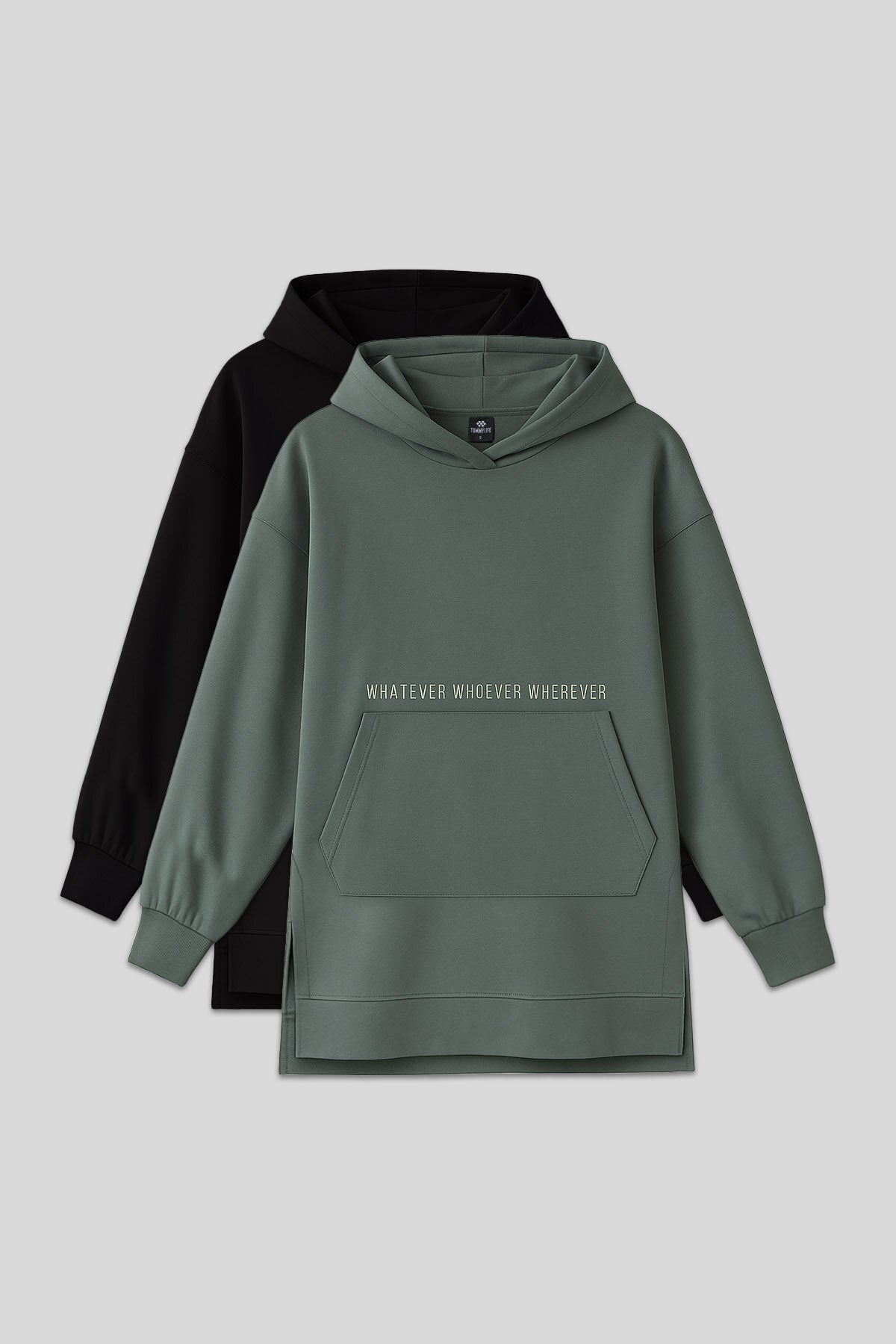 Oversize Kapüşonlu 2'li Paket Siyah-Çağla Kadın Tunik Sweatshirt - 97163