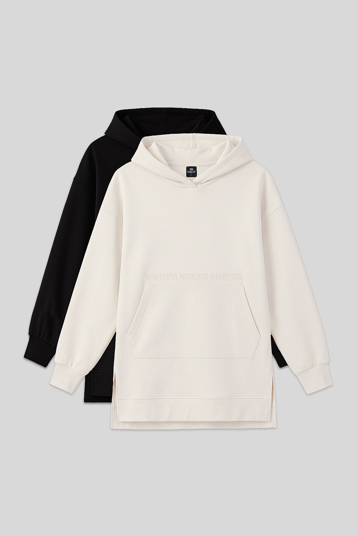 Rahat Form Kapüşonlu 2'li Paket Siyah-Ekru Kadın Tunik Sweatshirt - 97163