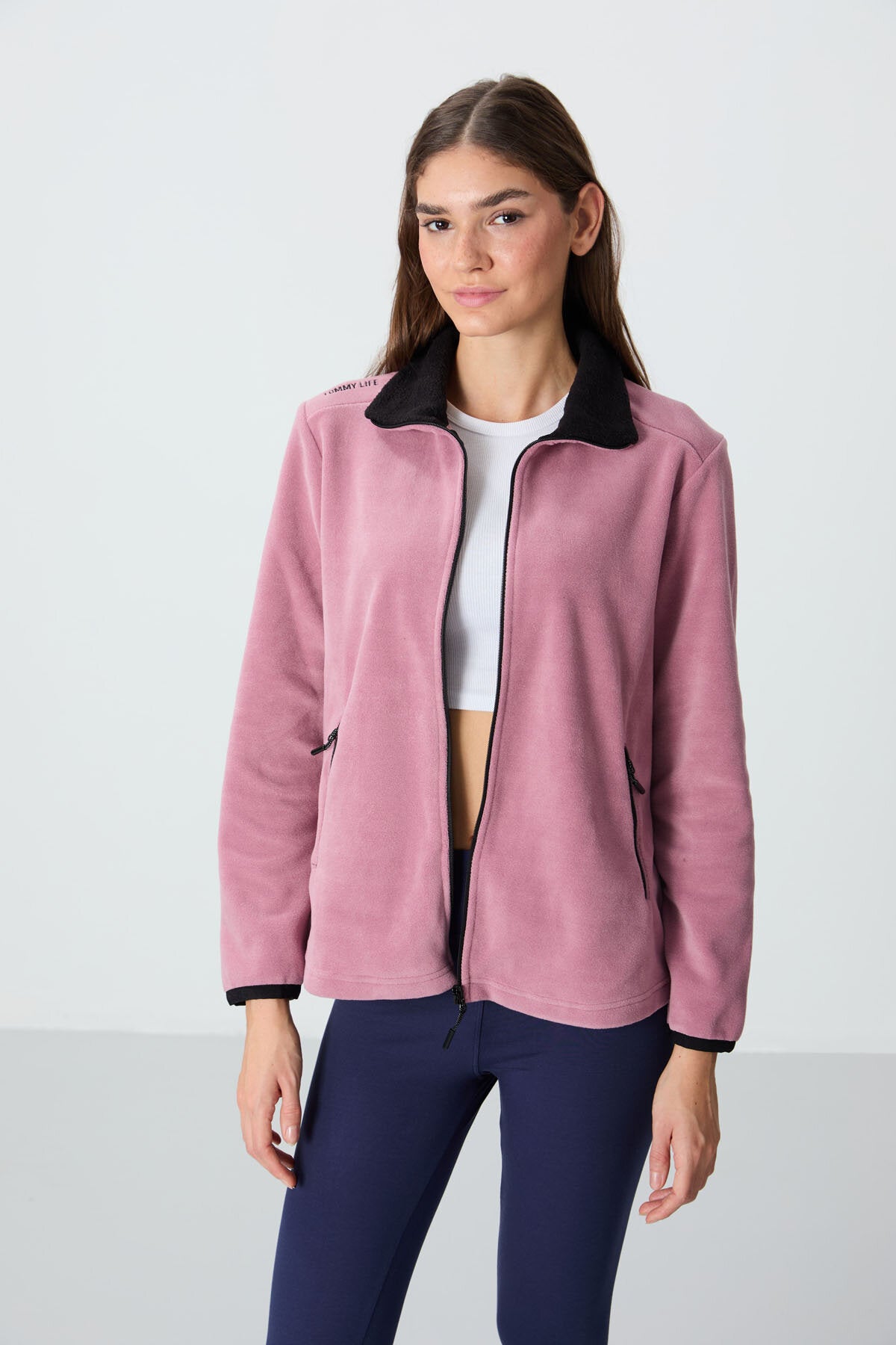 Rahat Form Dik Yaka 2'li Paket Siyah-Gül Kurusu Kadın Polar Sweatshirt - 97173