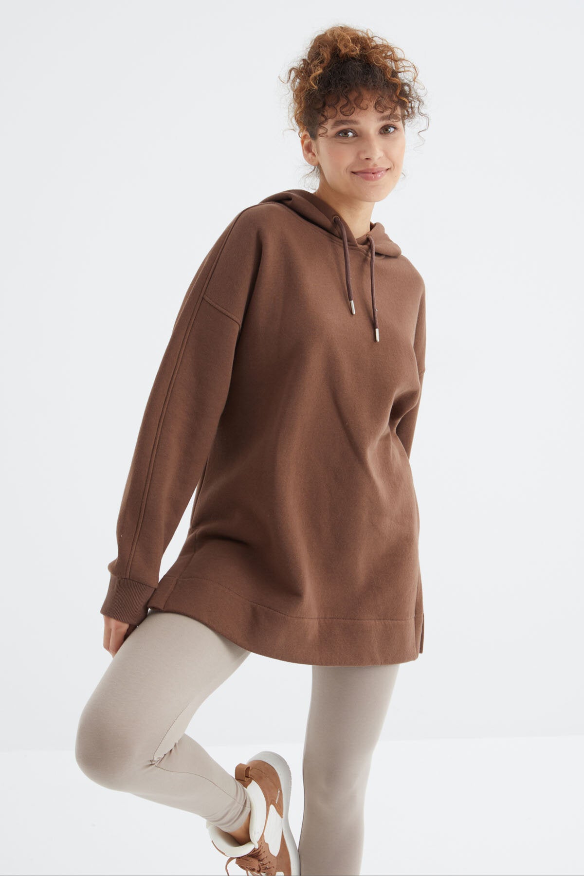 Oversize Kapüşonlu 2'li Paket Ekru-Kahverengi Kadın Tunik Sweatshirt - 97242