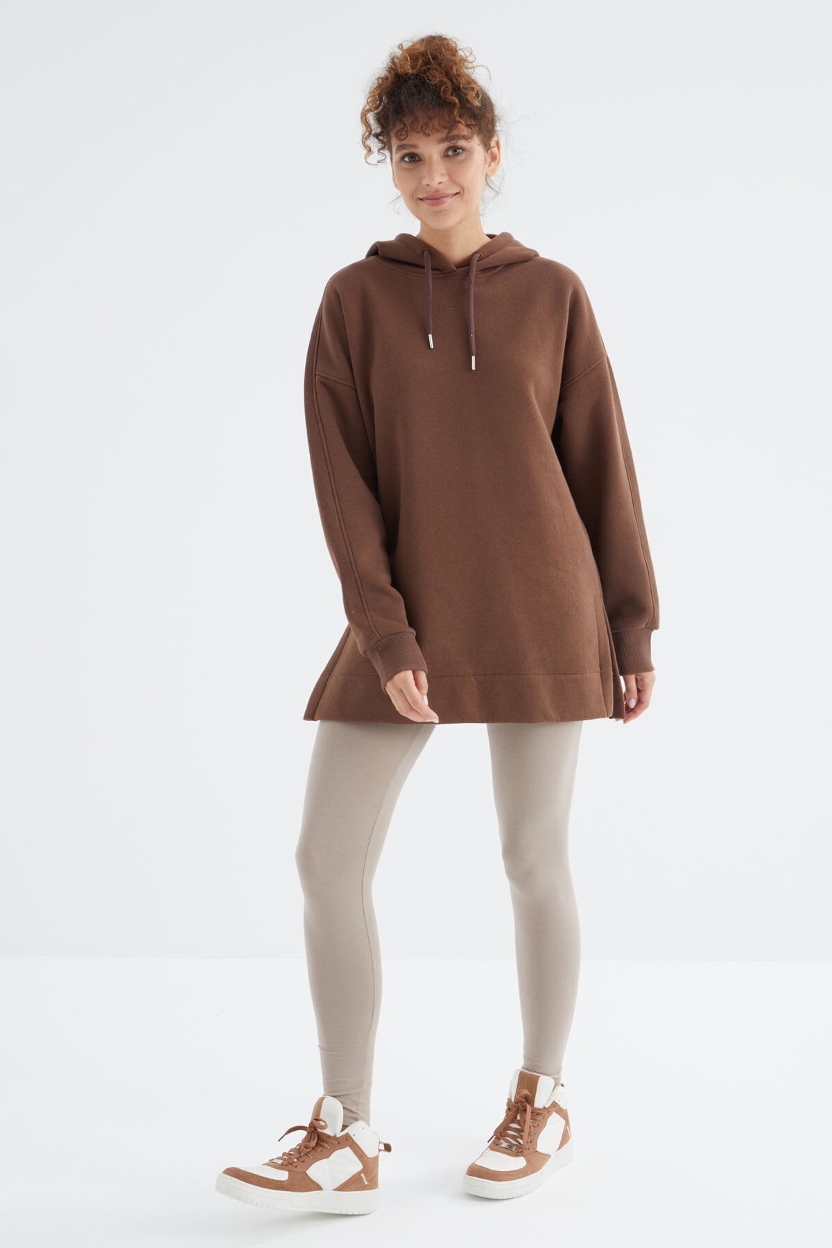 Oversize Kapüşonlu 2'li Paket Ekru-Kahverengi Kadın Tunik Sweatshirt - 97242