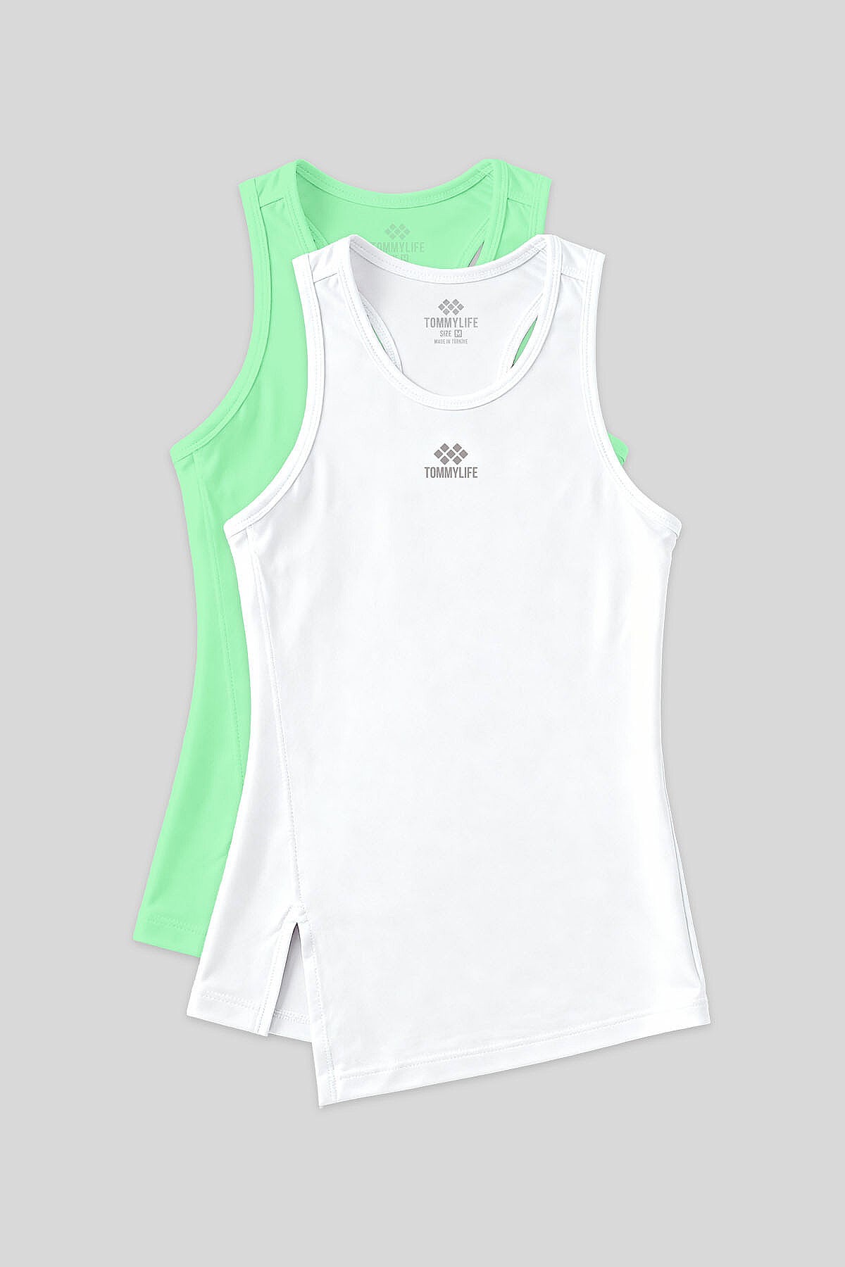 Standart Kalıp O Yaka 2'li Paket Beyaz-Neon Yeşil Kadın Spor Atlet - 97256