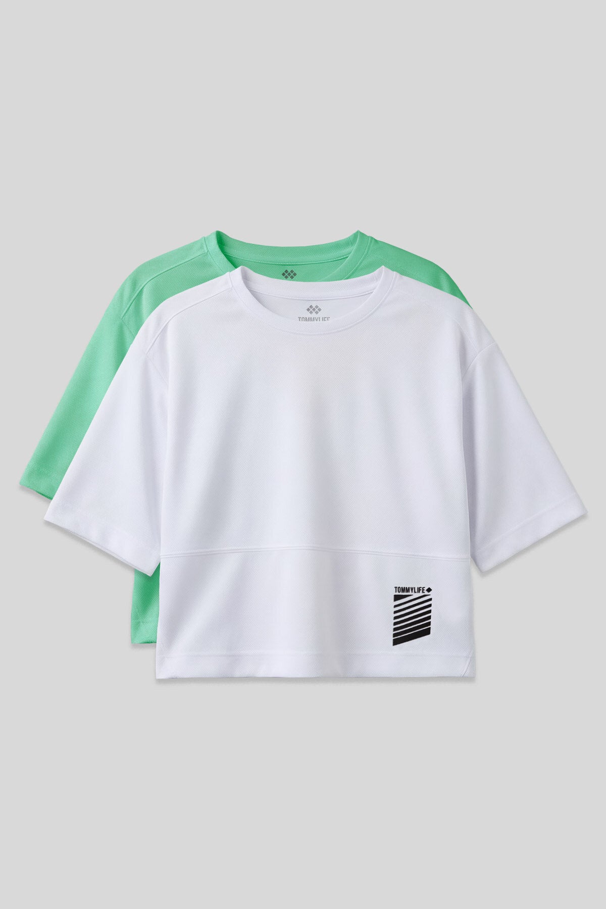 Oversize Fit O Yaka 2'li Paket Beyaz-Su Yeşili Kadın T-Shirt - 97284