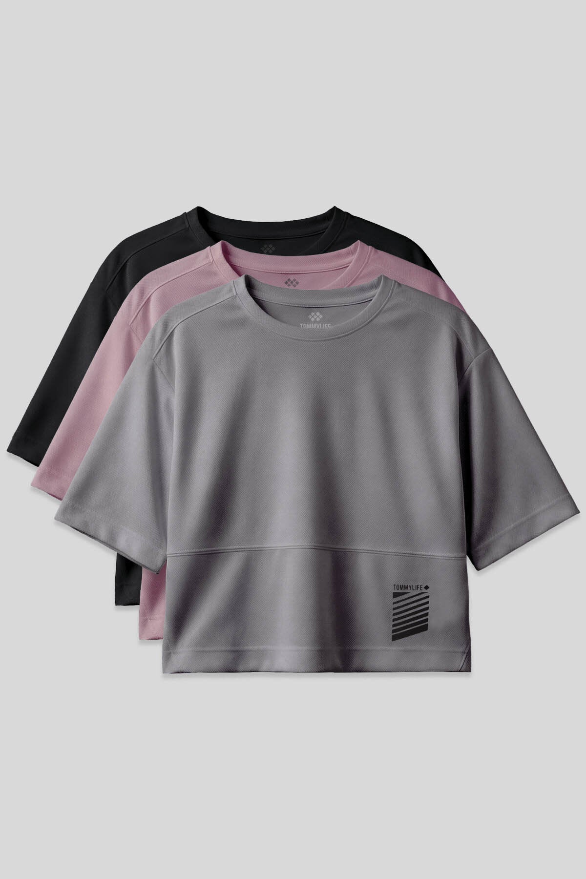 Oversize Fit O Yaka 3'lü Paket Siyah-Koyu Gri-Gül Kurusu Kadın T-Shirt - 97284