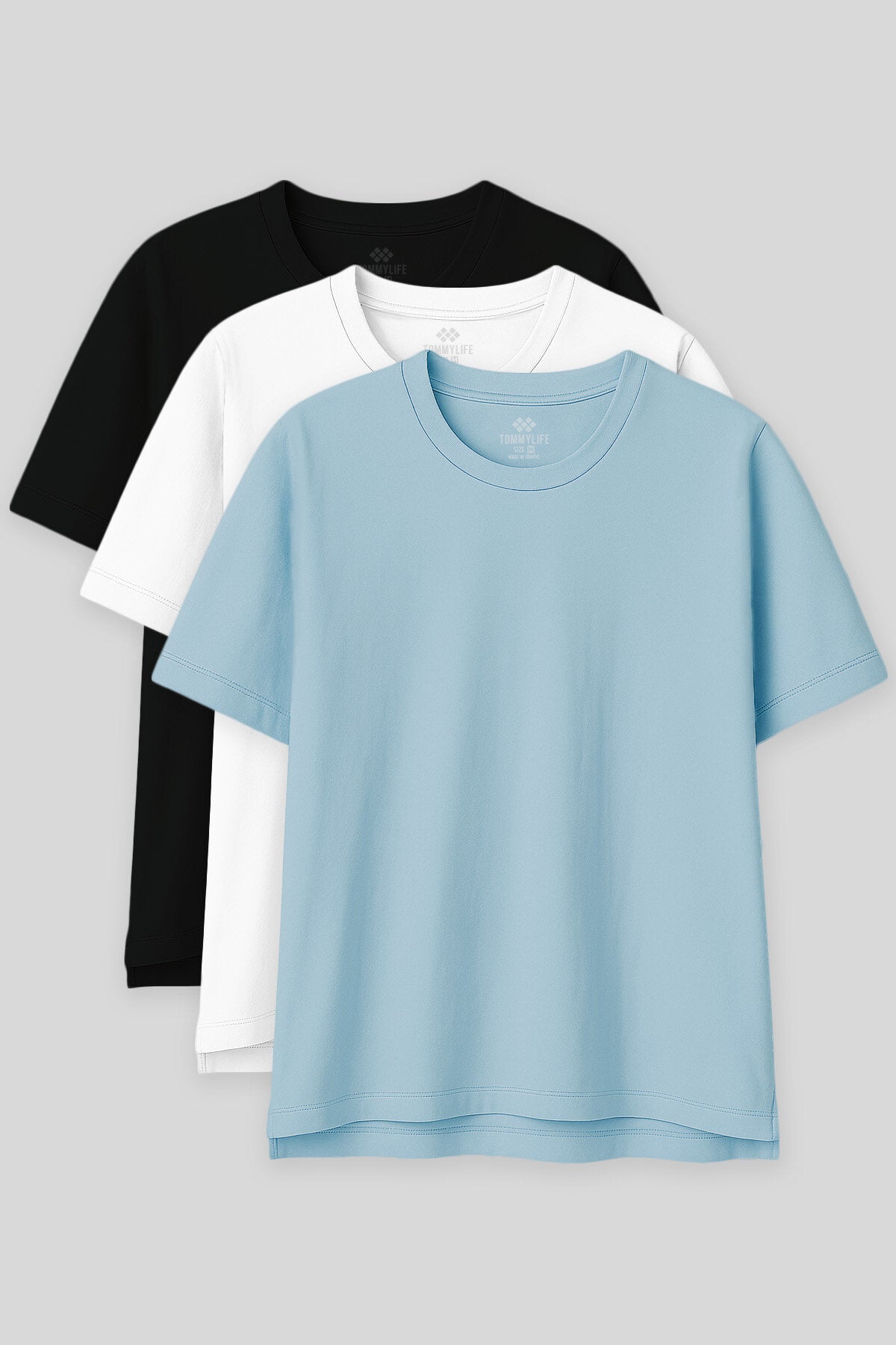 Oversize Fit Basic O Yaka 3'lü Paket Siyah-Beyaz-Açık Mavi Kadın T-Shirt  97285