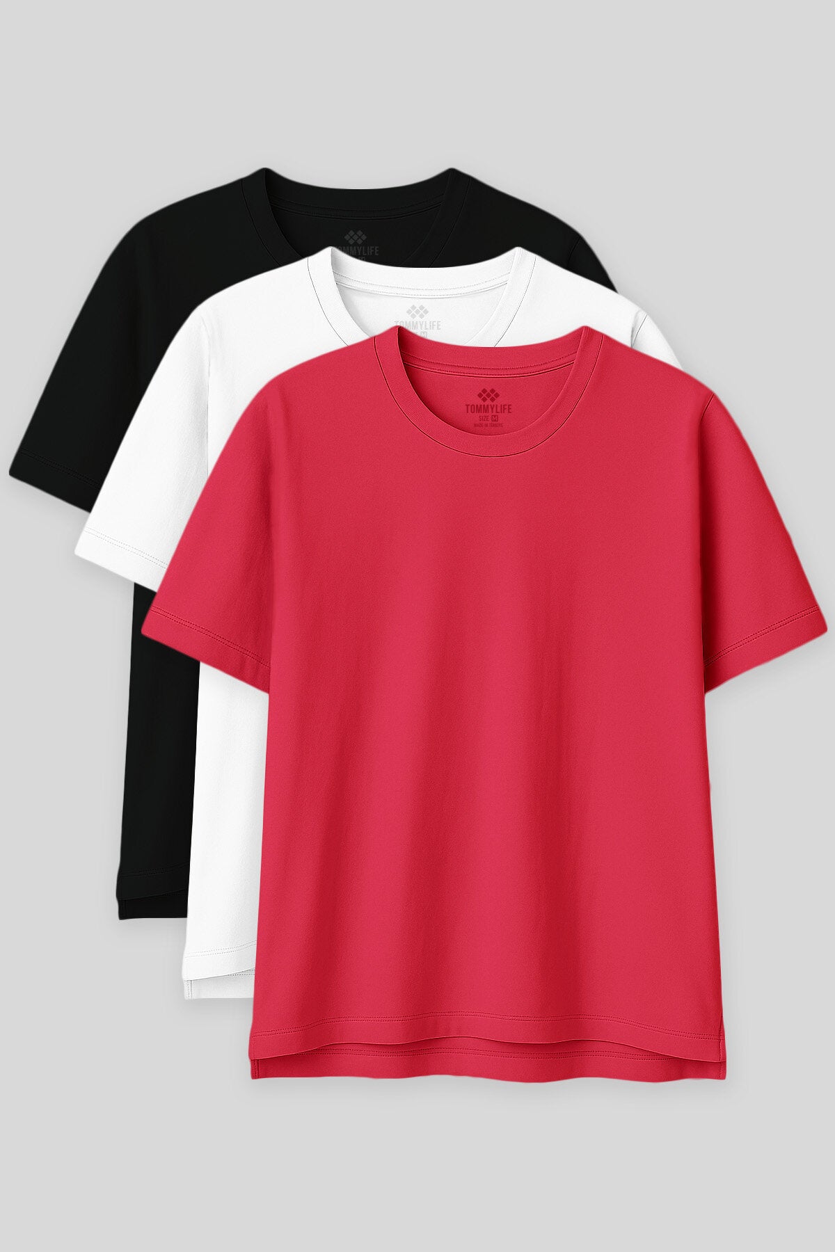 Oversize Fit Basic O Yaka 3'lü Paket Siyah-Beyaz-Rose Kadın T-Shirt  97285