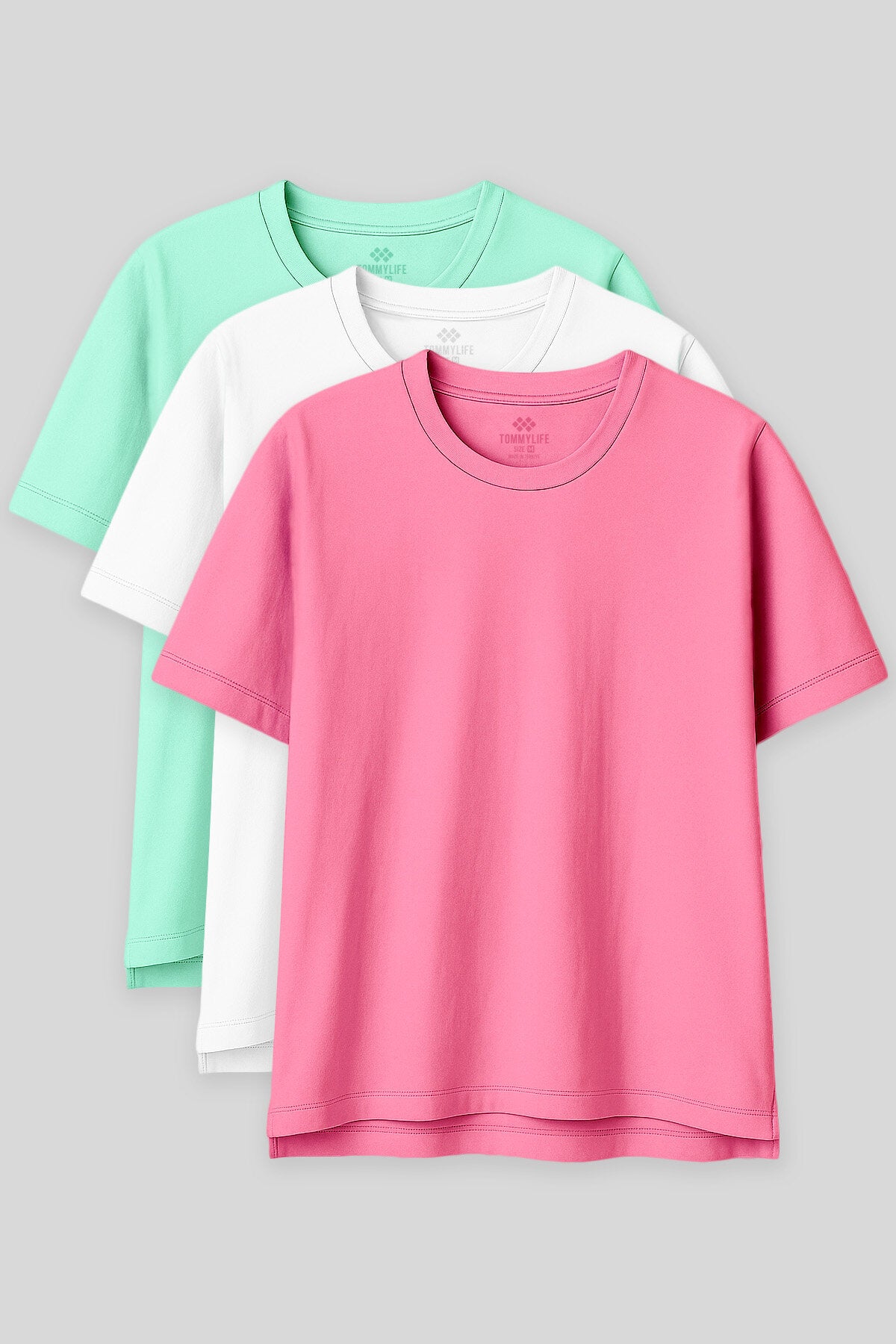 Oversize Fit Basic O Yaka 3'lü Paket Su Yeşili-Beyaz-Şeker Pembe Kadın T-Shirt  97285
