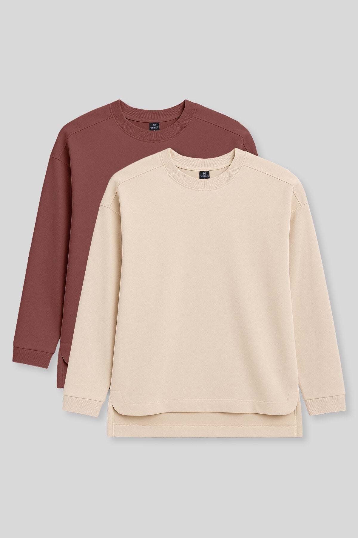 Rahat Form O Yaka 2'li Paket Bej-Kahverengi Kadın Tunik Sweatshirt - 97305