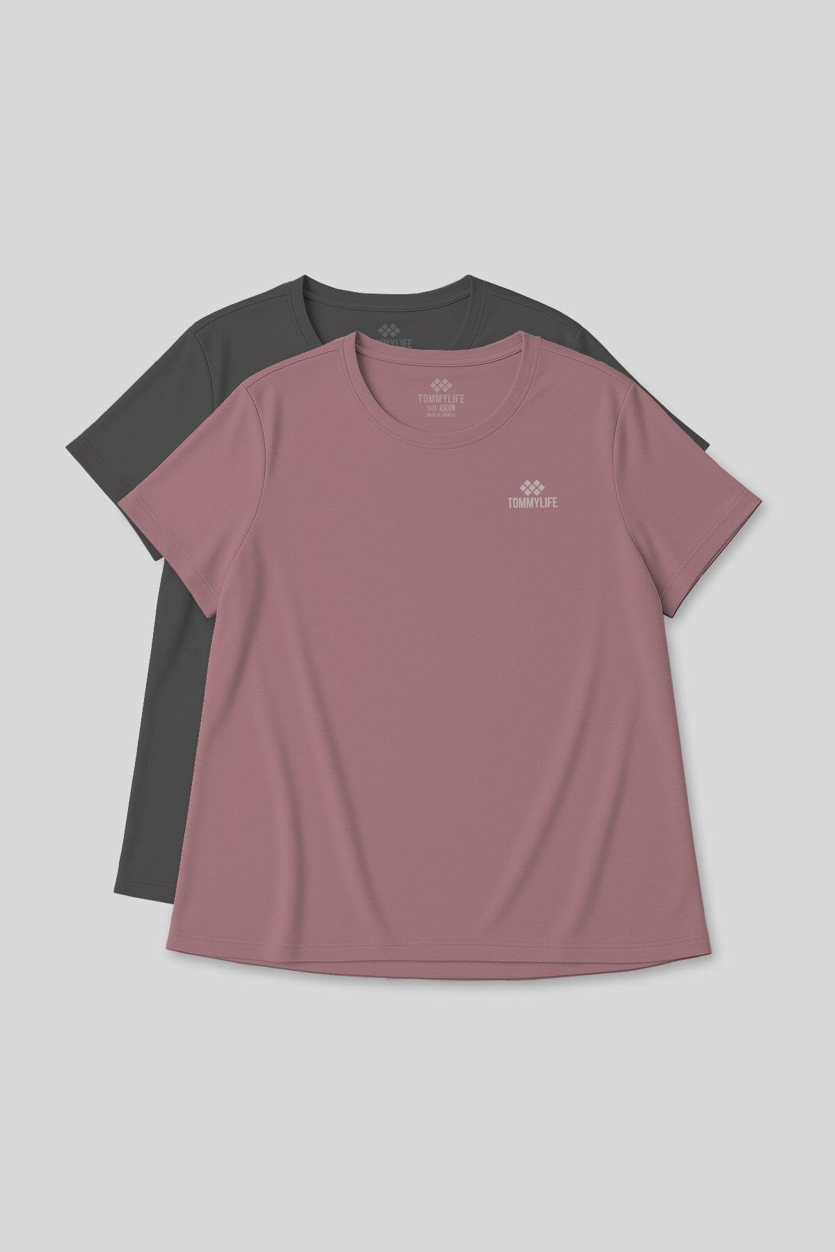 Rahat Form 2'li Paket Koyu Gri-Gül Kurusu Battal Kadın T-Shirt - 97308