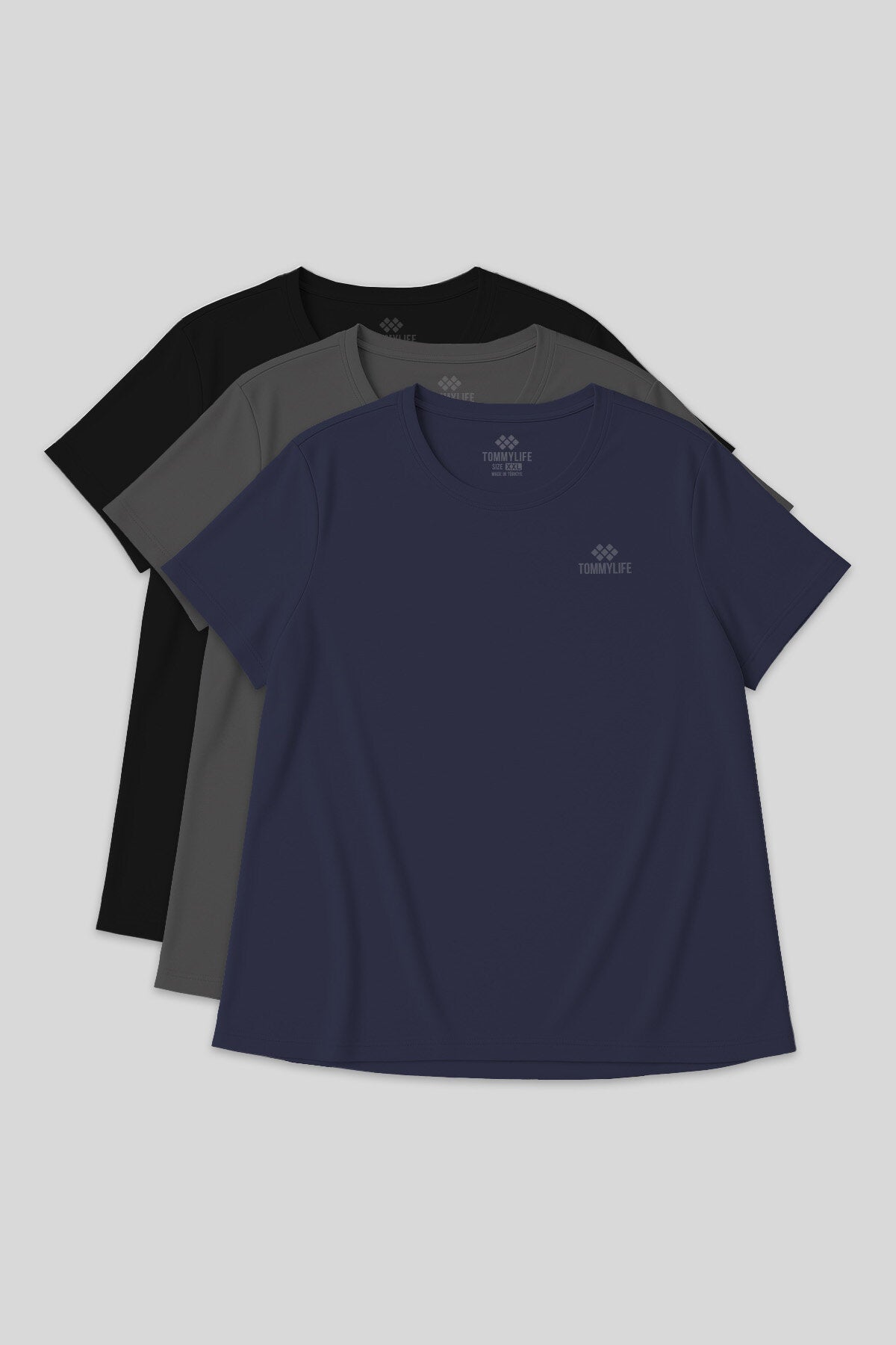 Rahat Form 3'lü Paket Siyah-İndigo-Koyu Gri Battal Kadın T-Shirt - 97308
