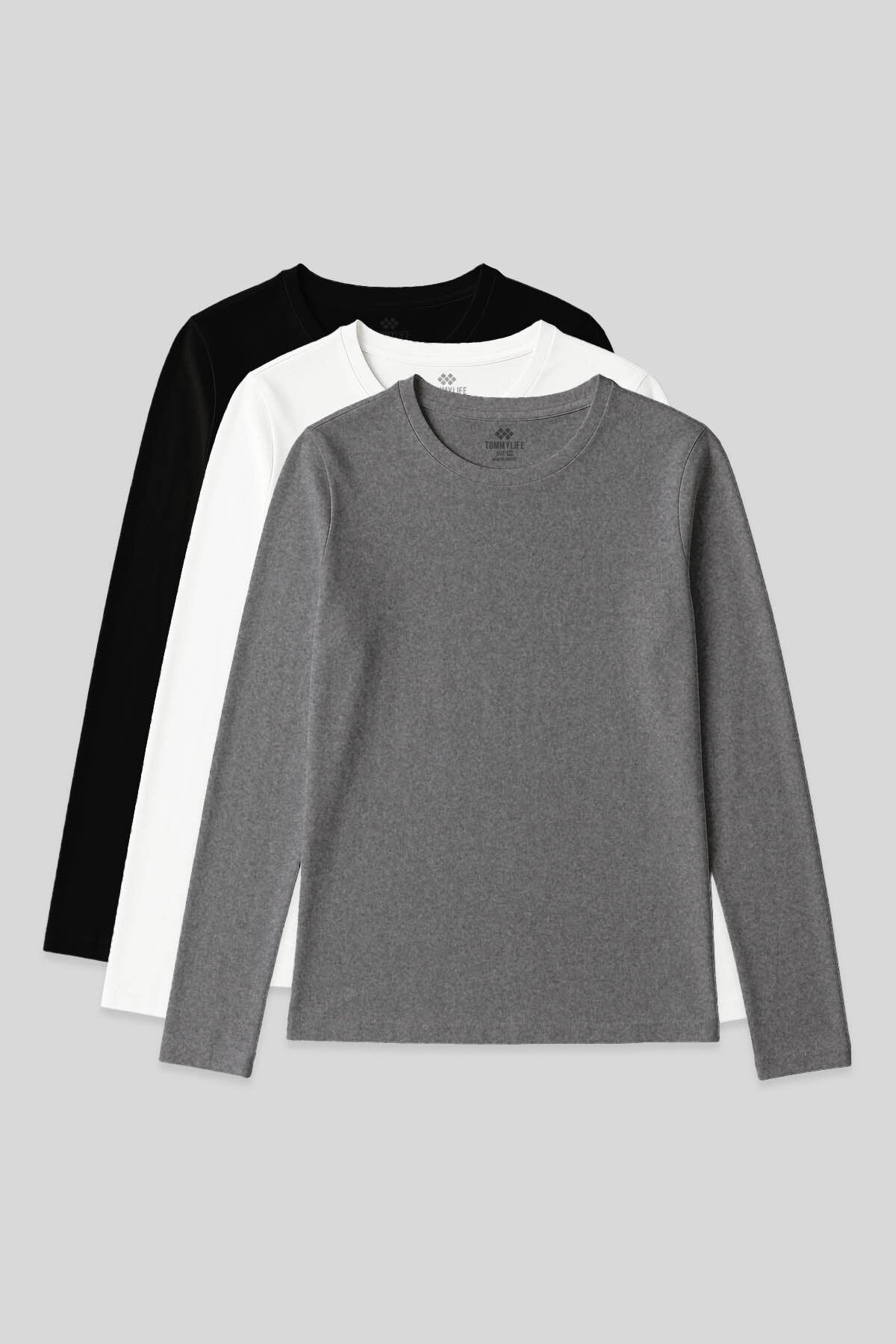 Standart Fit Basic O Yaka 3'lü Paket Siyah-Beyaz-Gri Melanj Kadın T-Shirt - 97312