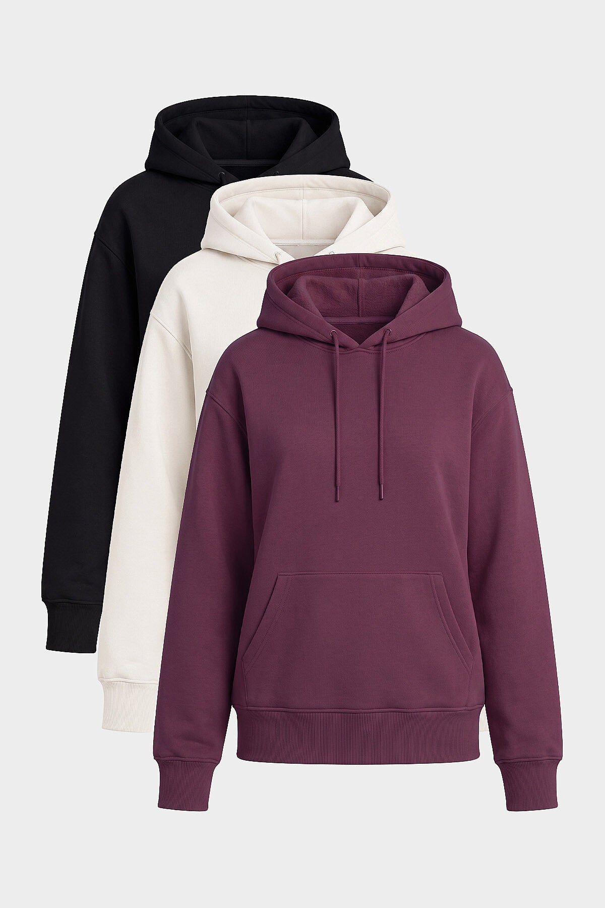 Standart Kapüşonlu 3'lü Paket Siyah-Ekru-Soft Vişne Kadın Sweatshirt - 97321