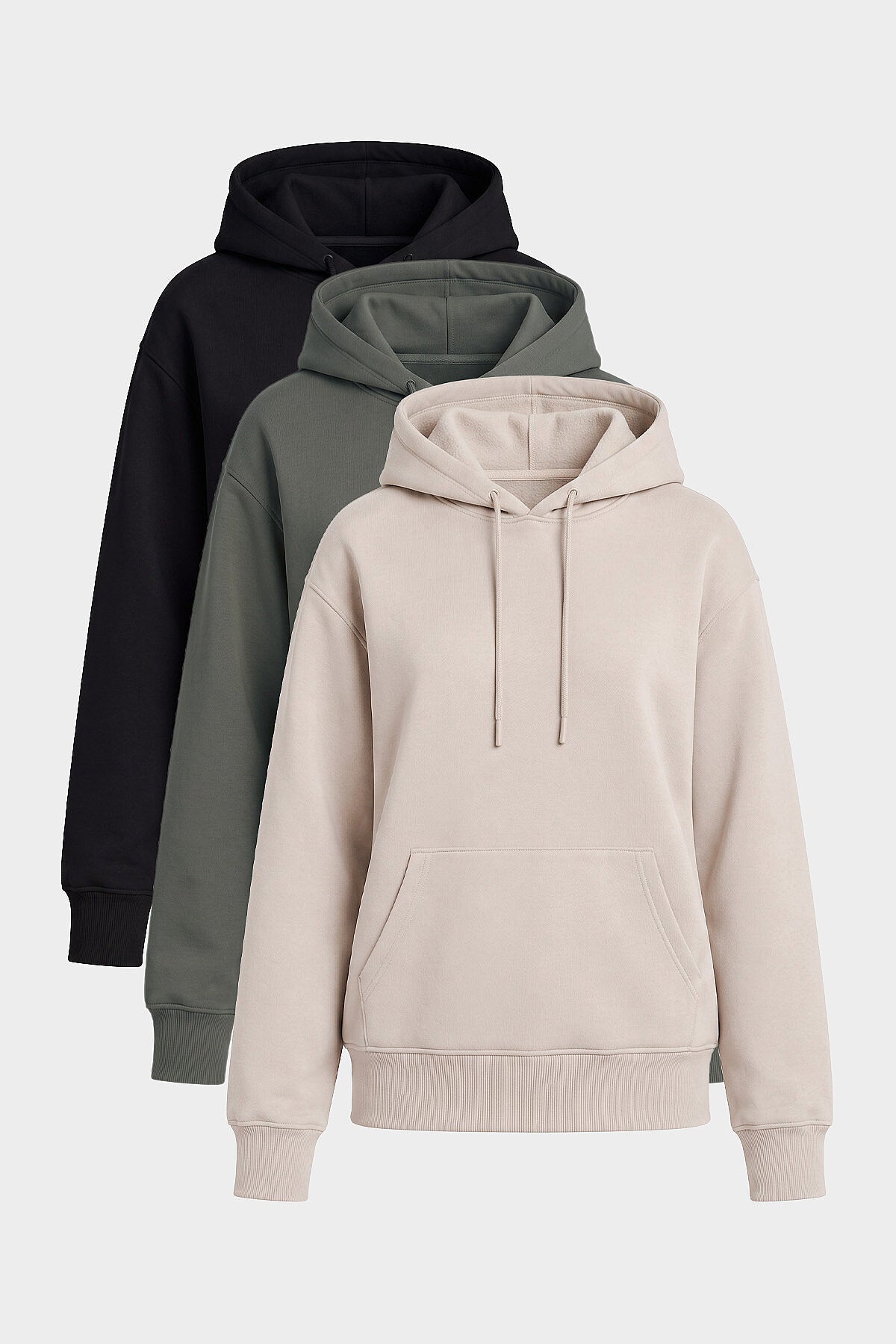 Standart Kapüşonlu 3'lü Paket Siyah-Haki-Bej Kadın Sweatshirt - 97321