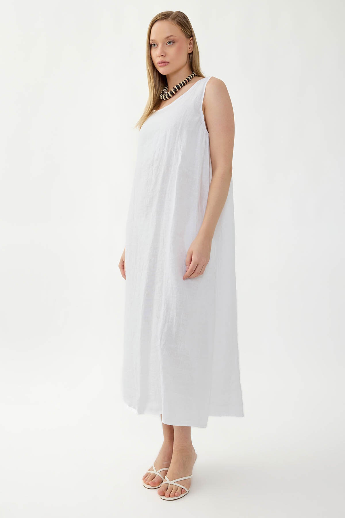 %100 Keten Sıfır Kol Uzun Elbise
