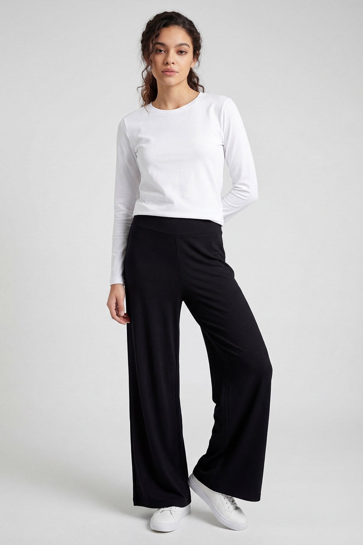 Siyah Comfort Fit Geniş Paça Korsajlı Palazzo Kadın Pantolon - 94681