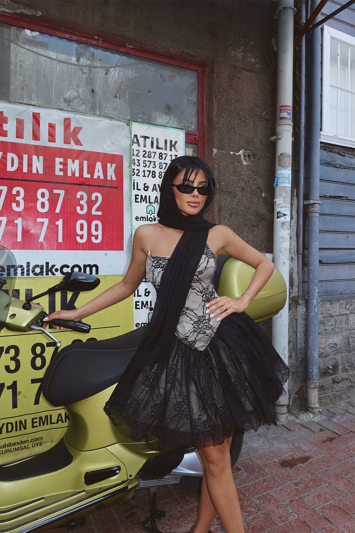 Siyah Evelina Mini Dantel Elbise ATE-2762