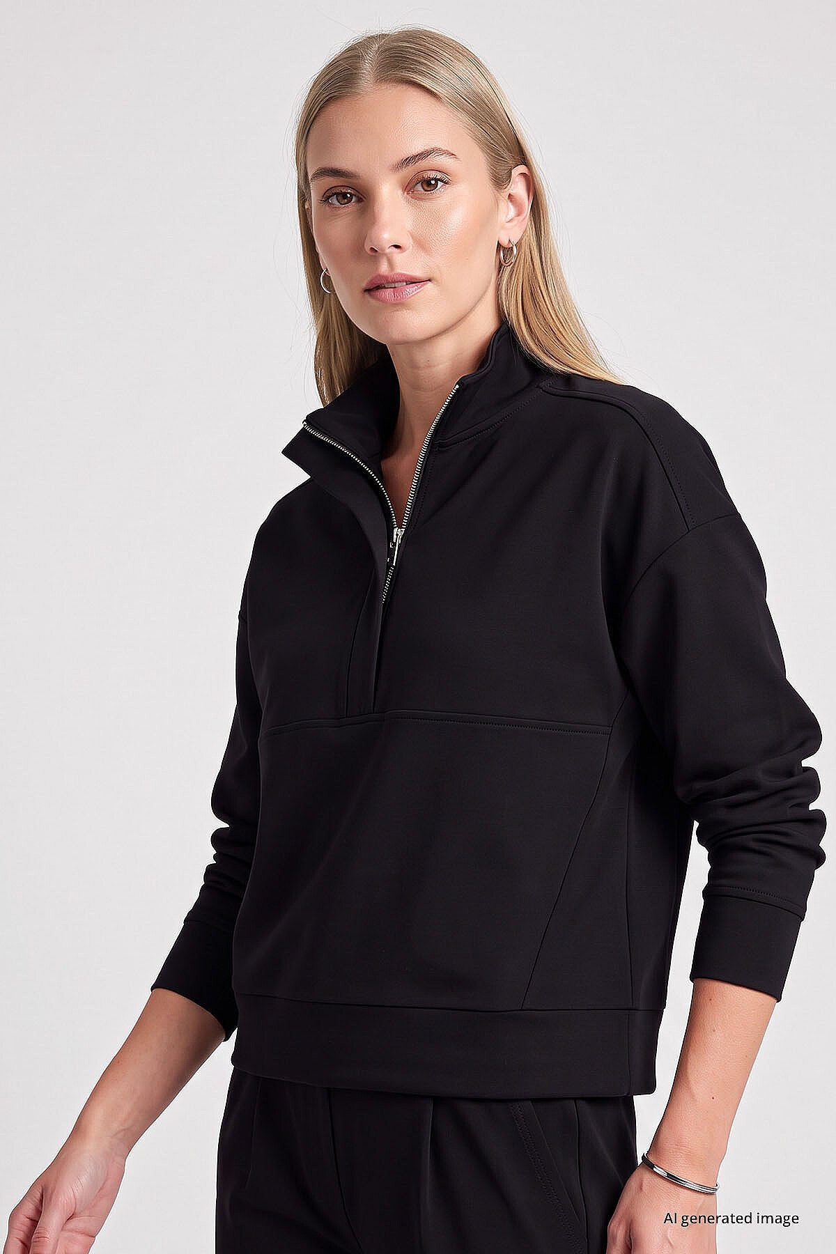 Siyah Dik Yaka Fermuarlı Rahat Form Kadın Sweatshirt - 97314